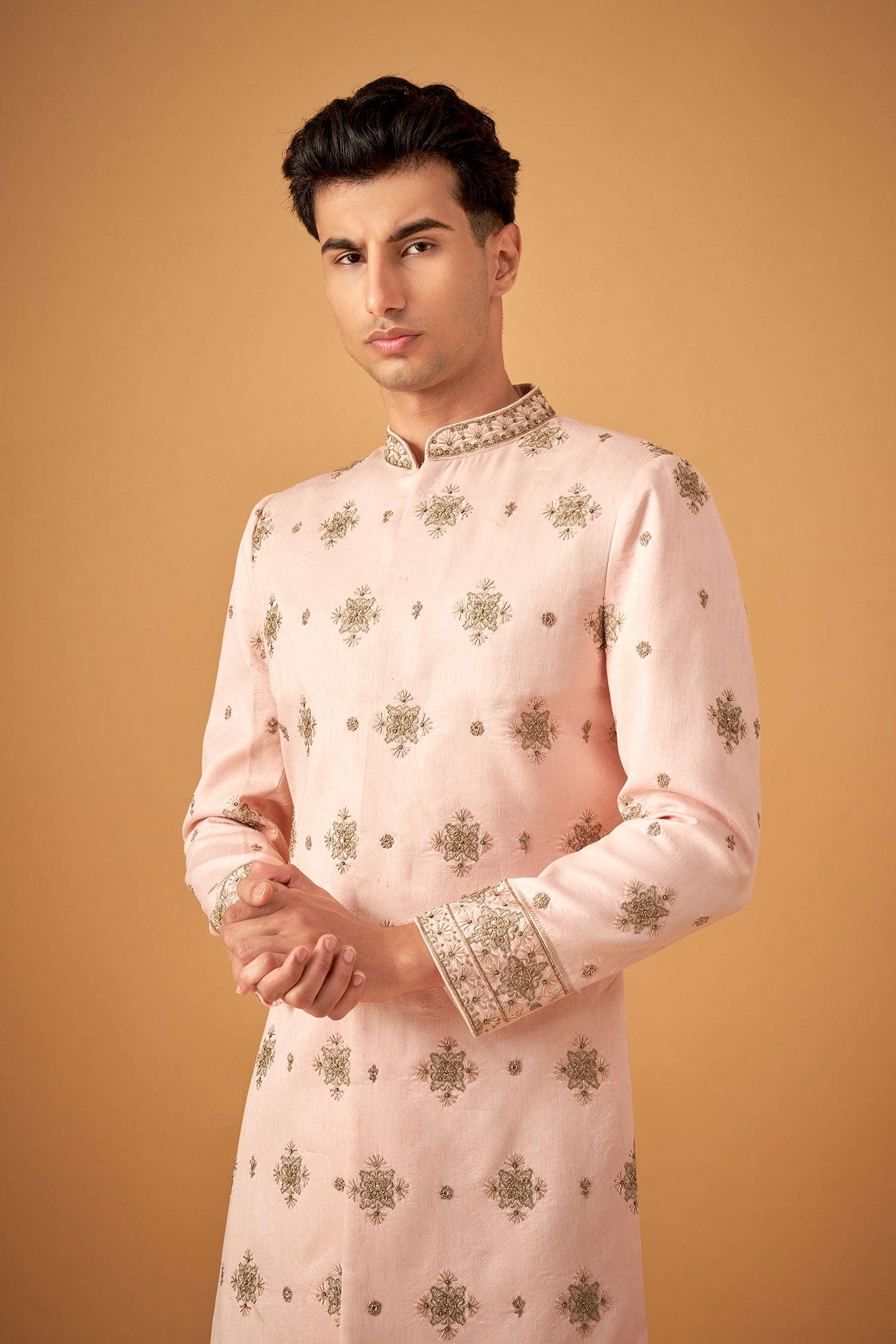 Peach Embroidered Sherwani With Hand Work