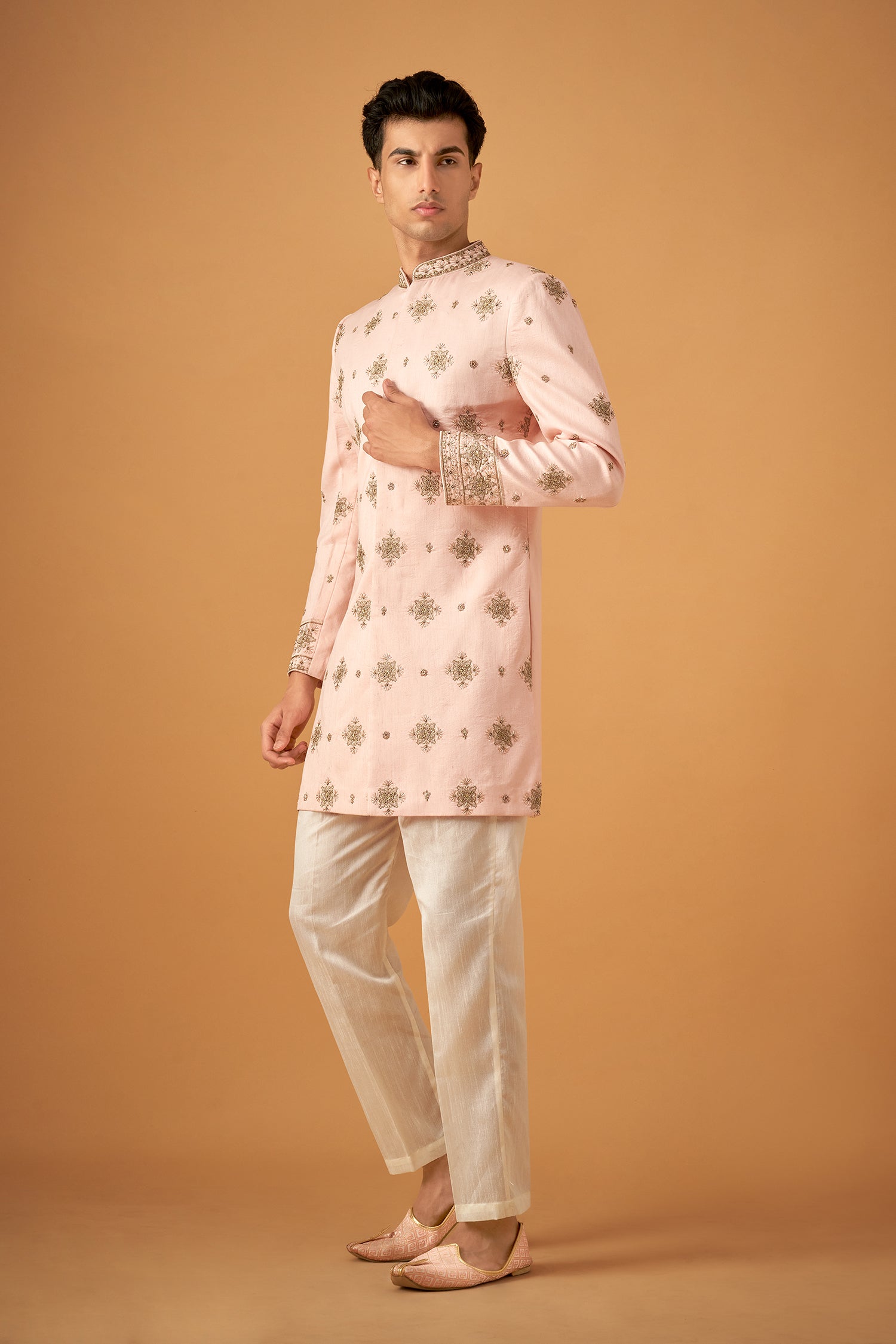 Peach Embroidered Sherwani With Hand Work