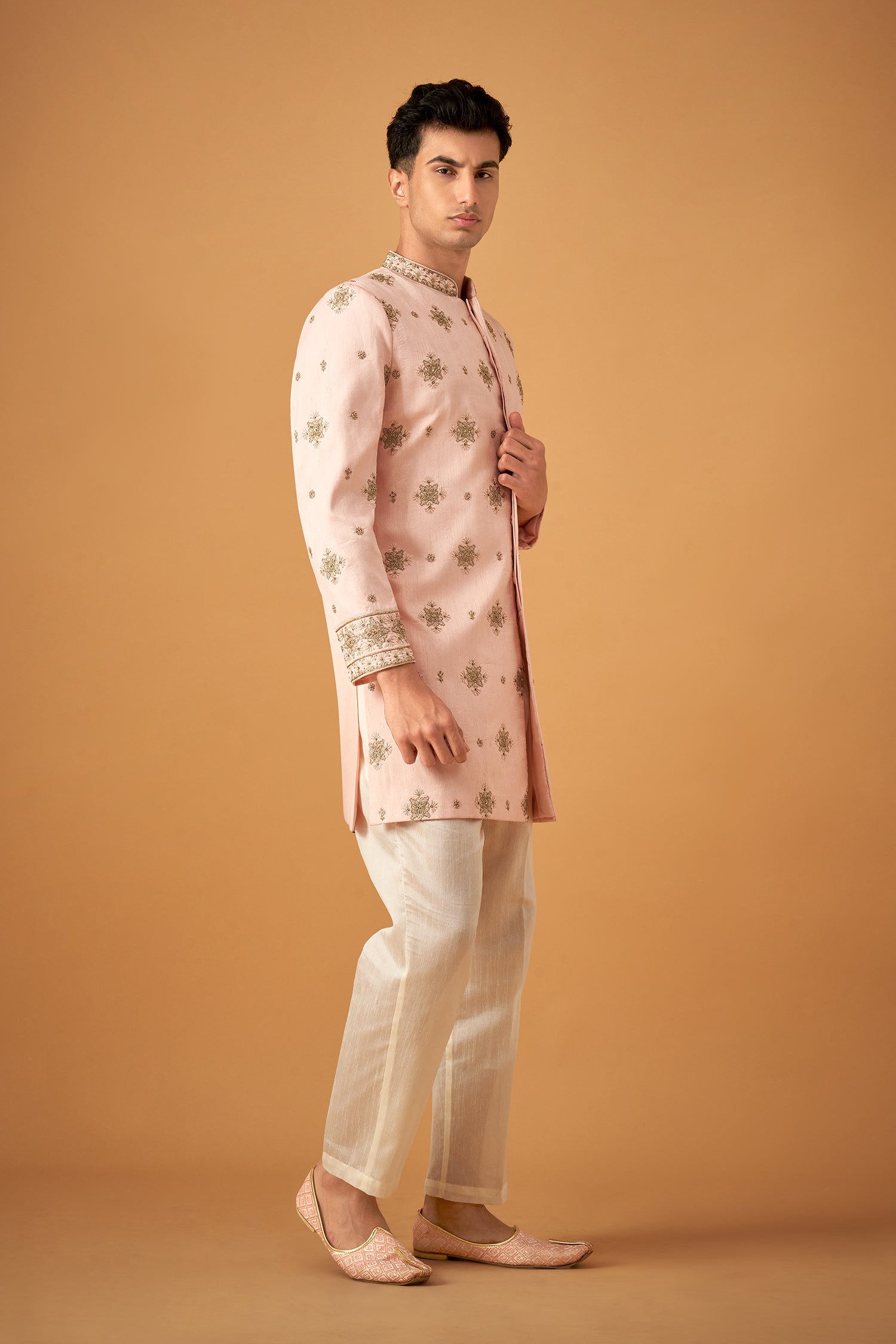 Peach Embroidered Sherwani With Hand Work