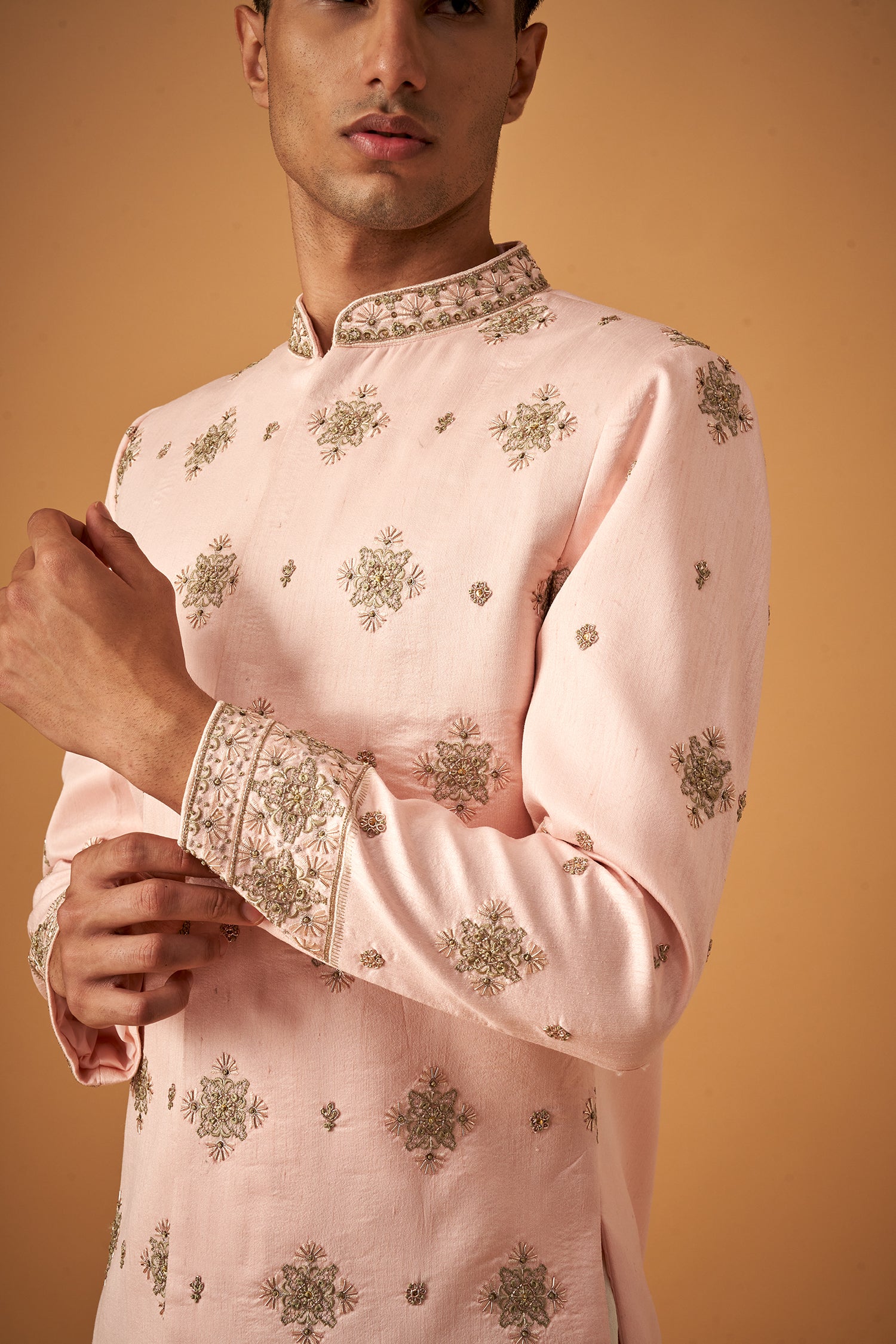 Peach Embroidered Sherwani With Hand Work