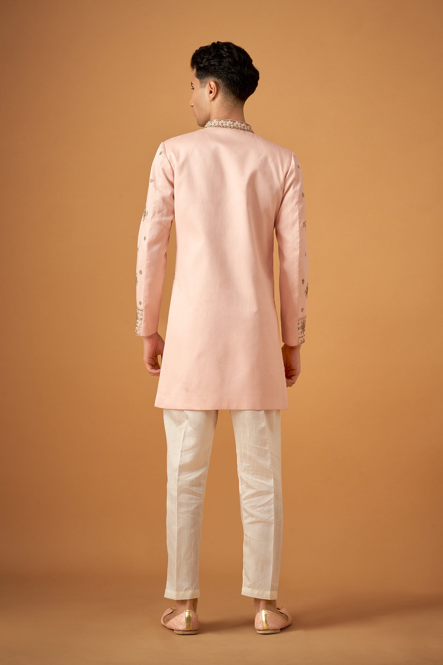 Peach Embroidered Sherwani With Hand Work