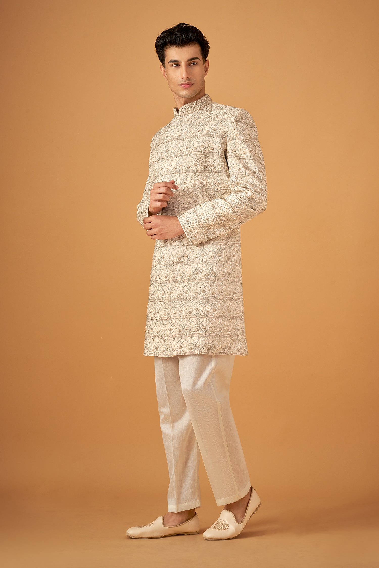 Exquisite White Sherwani Set With Hand Work