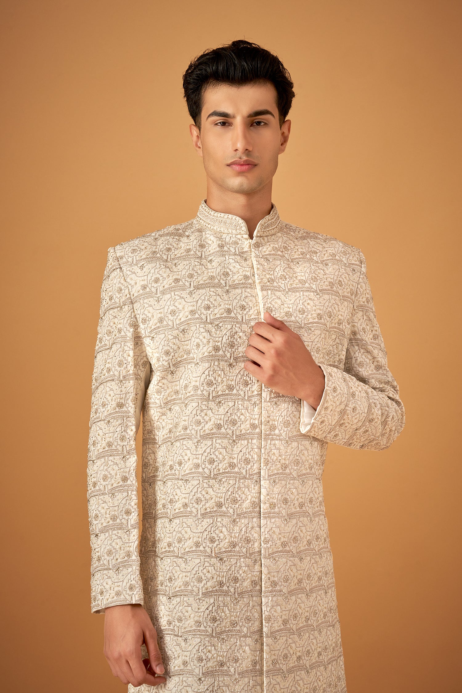 Exquisite White Sherwani Set With Hand Work