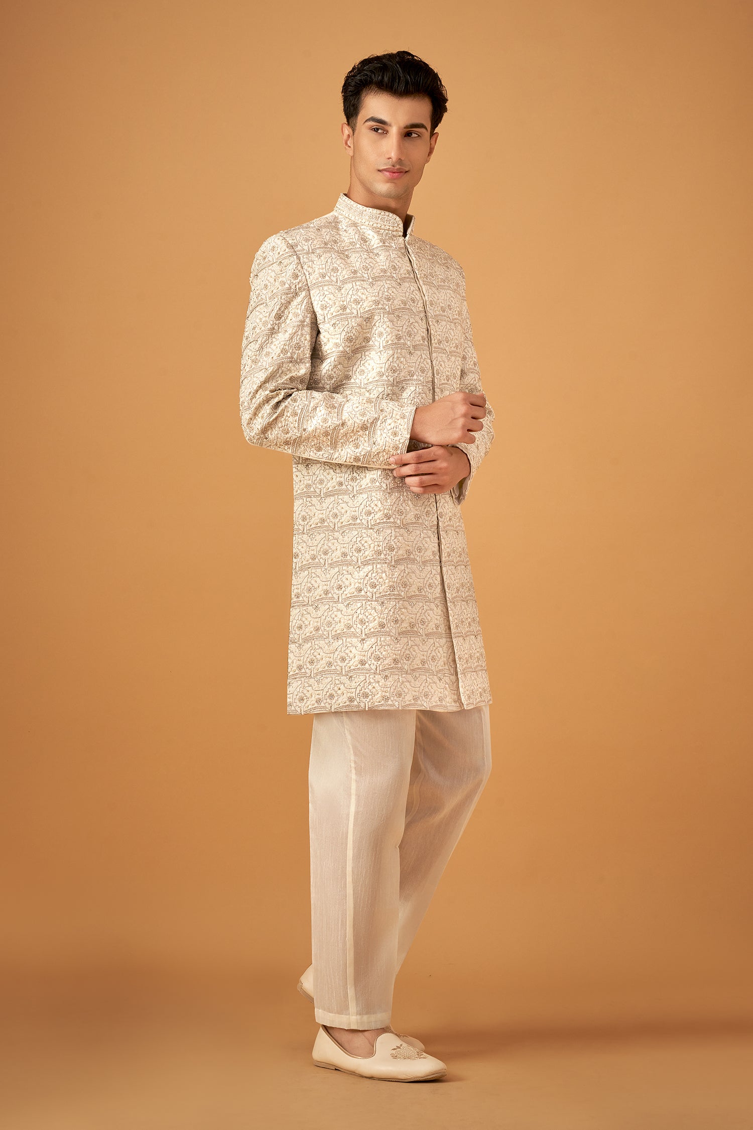 Exquisite White Sherwani Set With Hand Work