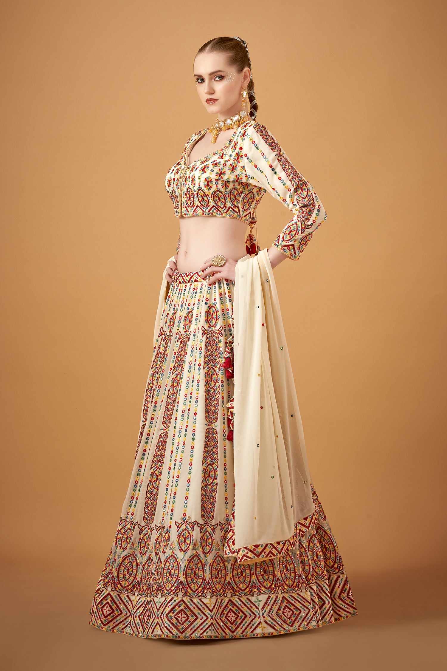White Georgette Embroidered Lehenga Set