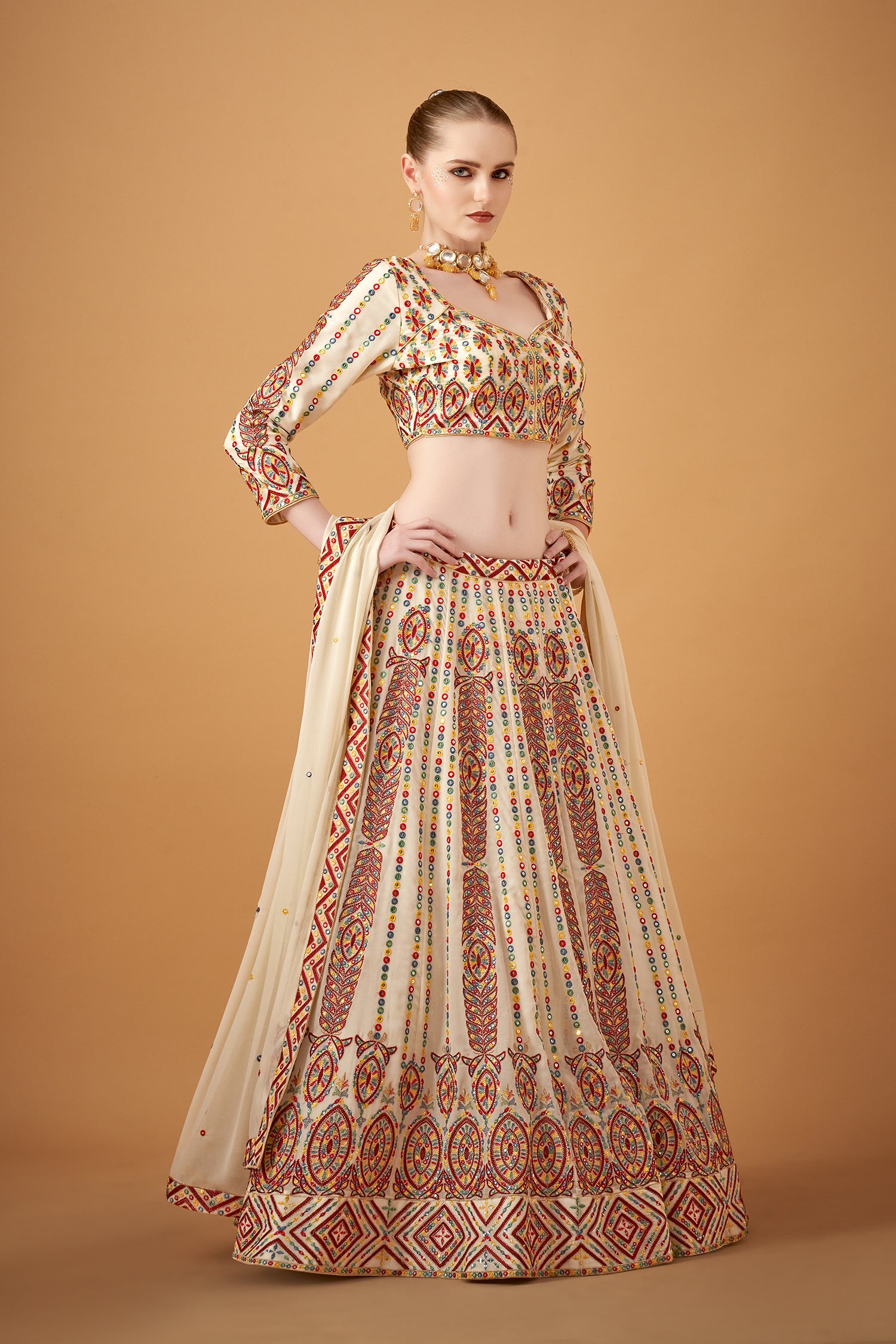 White Georgette Embroidered Lehenga Set