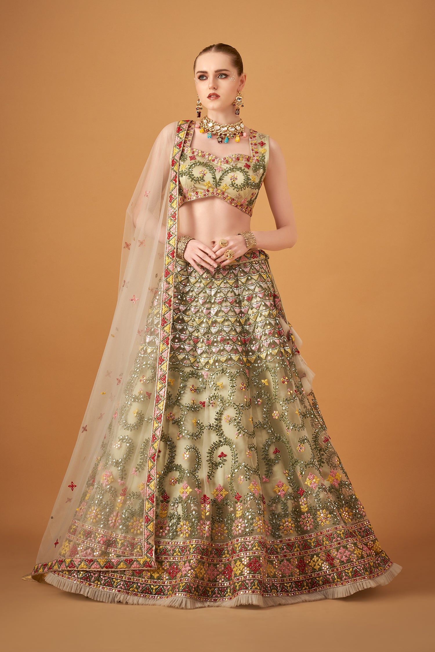 Citrus Green Embroidered Lehenga Set With Silver Foil Embellishments
