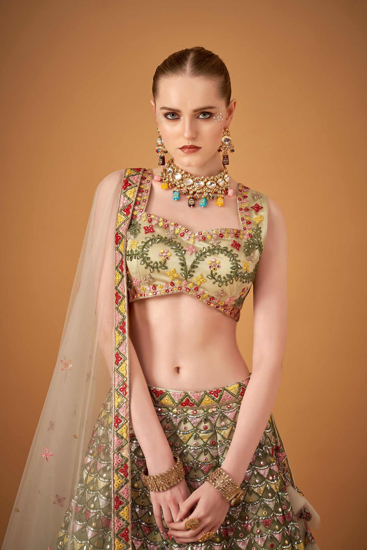 Citrus Green Embroidered Lehenga Set With Silver Foil Embellishments