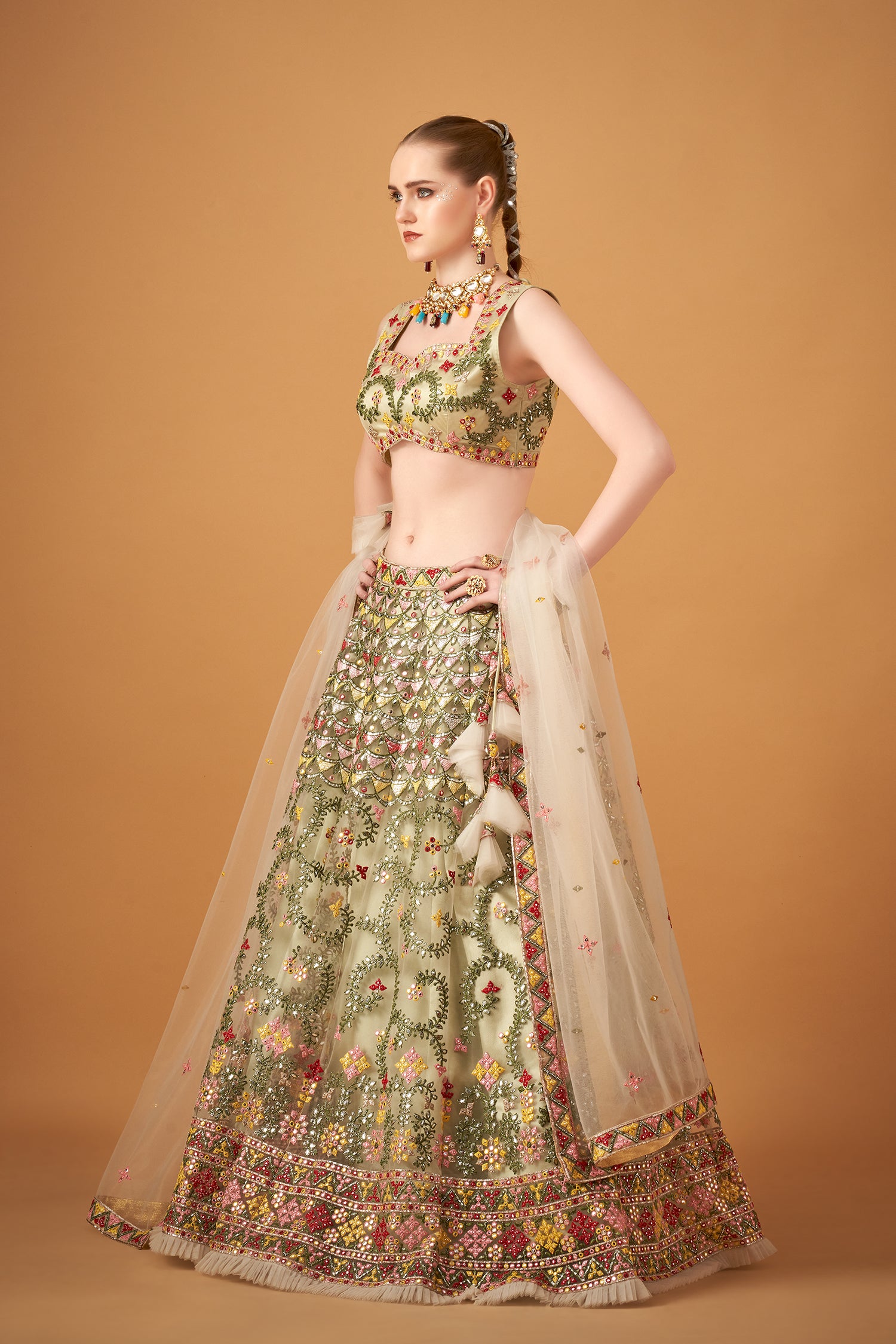 Citrus Green Embroidered Lehenga Set With Silver Foil Embellishments