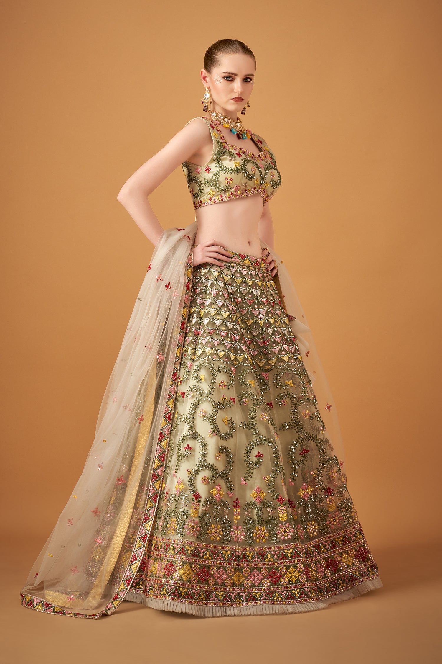 Citrus Green Embroidered Lehenga Set With Silver Foil Embellishments