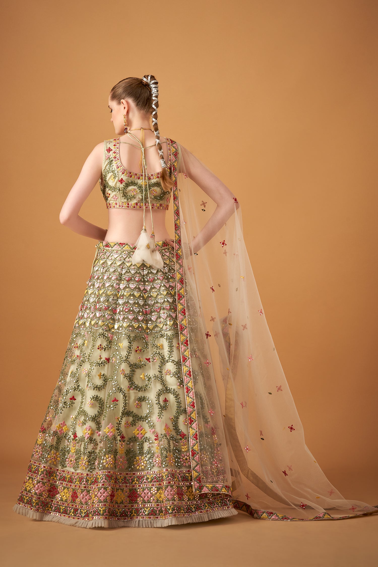 Citrus Green Embroidered Lehenga Set With Silver Foil Embellishments