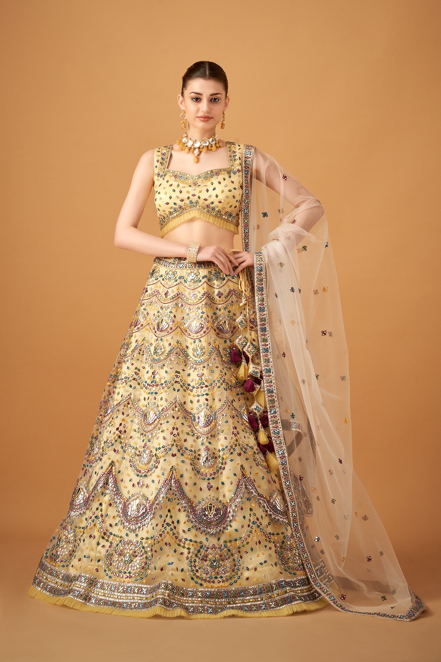 Yellow Embroidered Lehenga Set With Silver Foil Embellishments