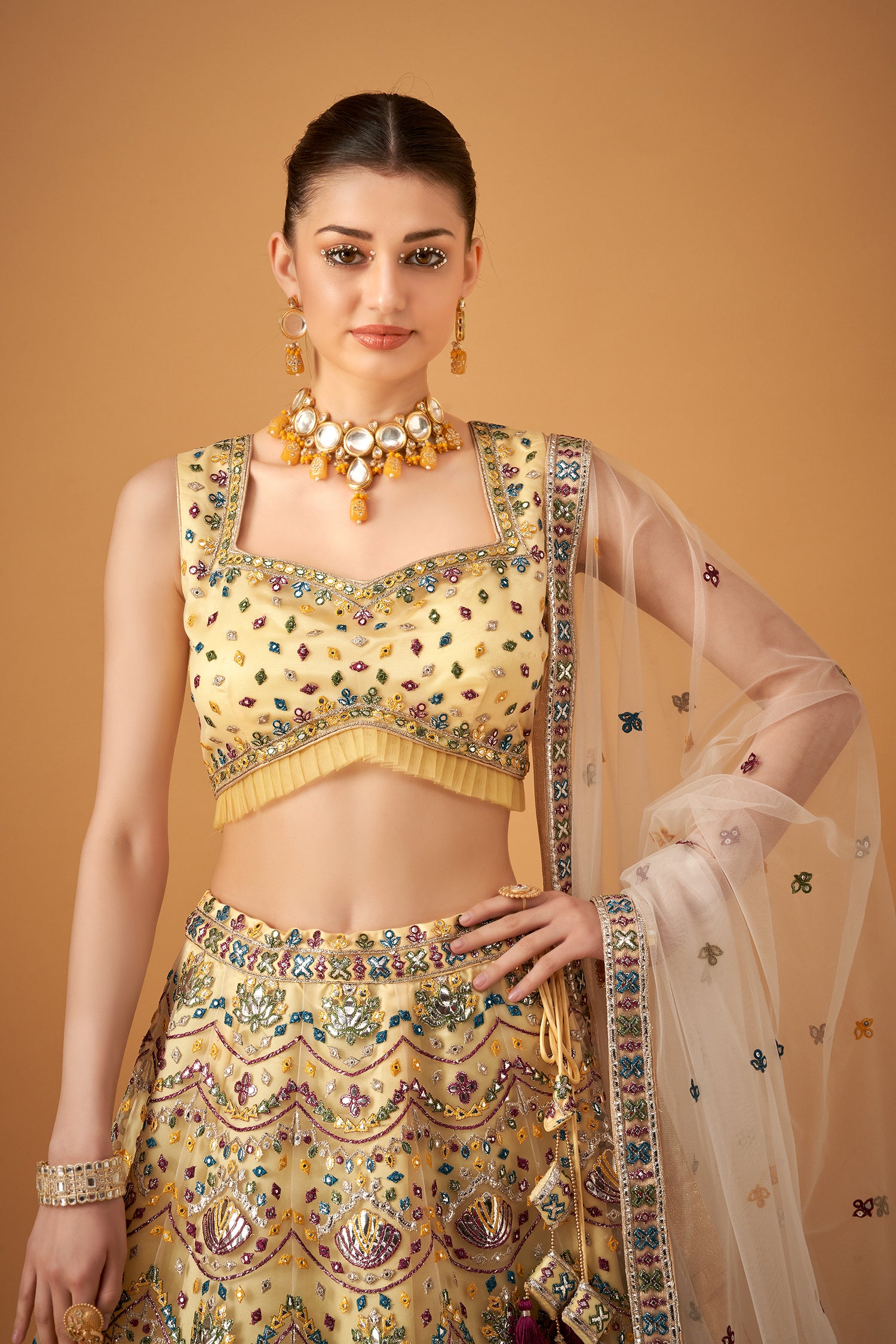 Yellow Embroidered Lehenga Set With Silver Foil Embellishments