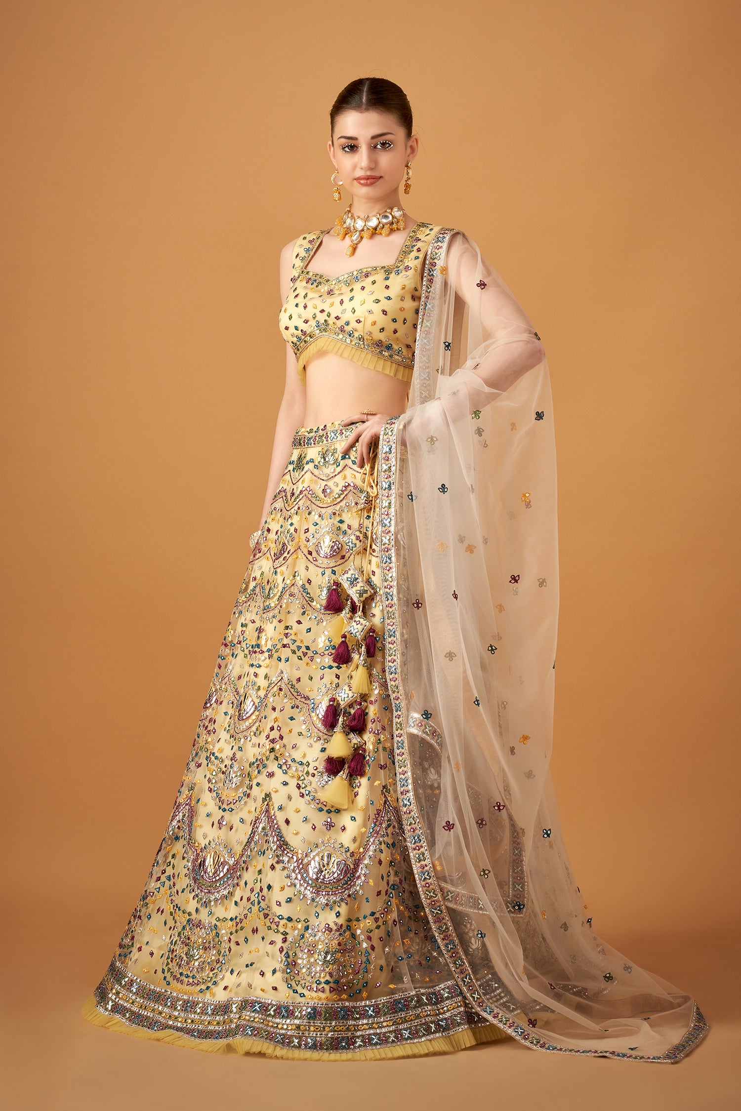 Yellow Embroidered Lehenga Set With Silver Foil Embellishments