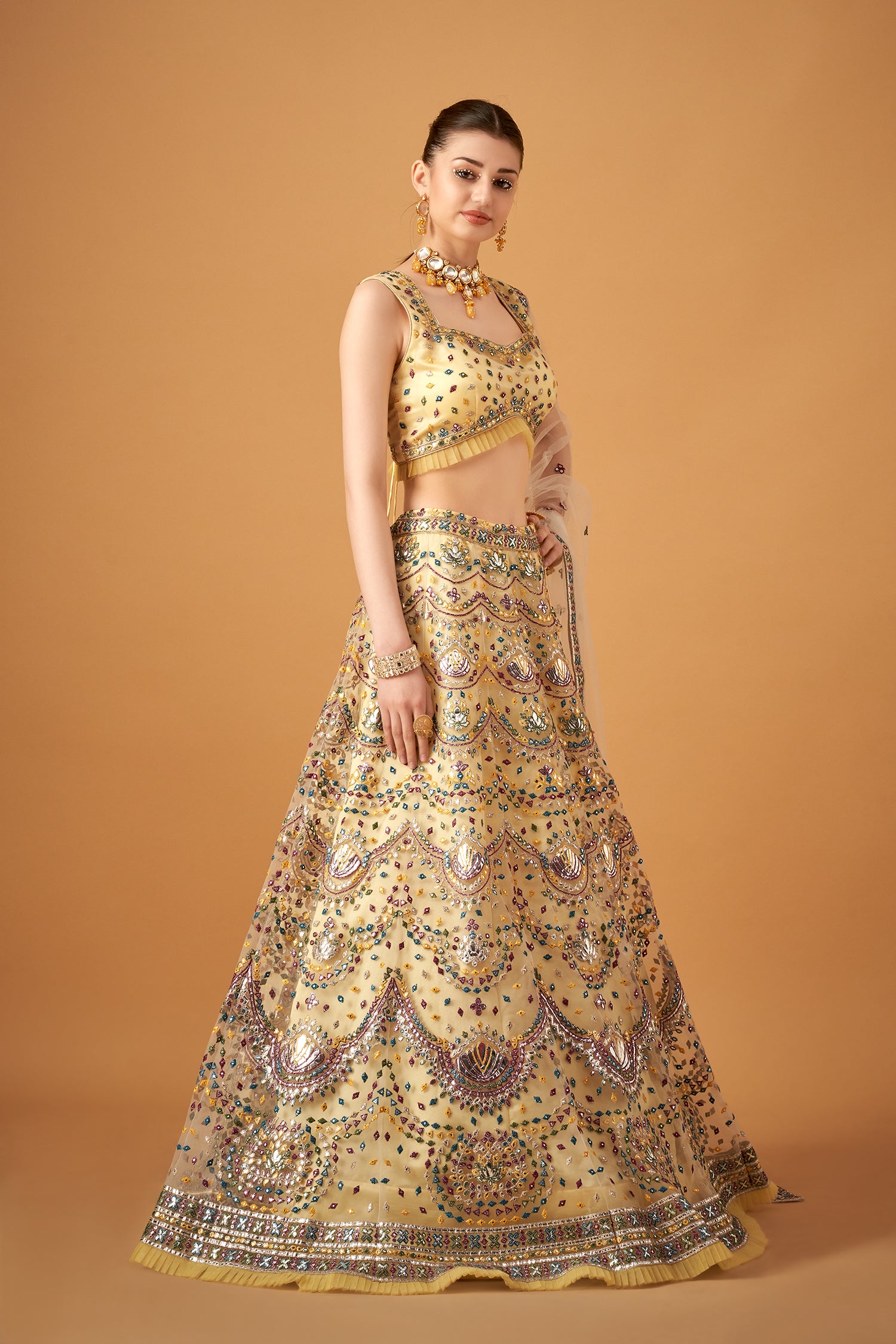 Yellow Embroidered Lehenga Set With Silver Foil Embellishments