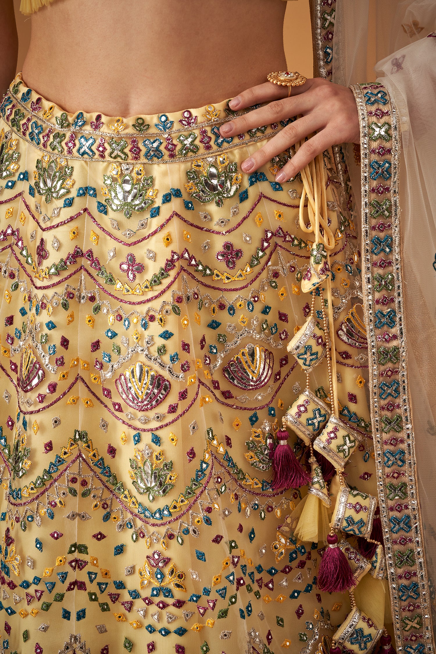 Yellow Embroidered Lehenga Set With Silver Foil Embellishments