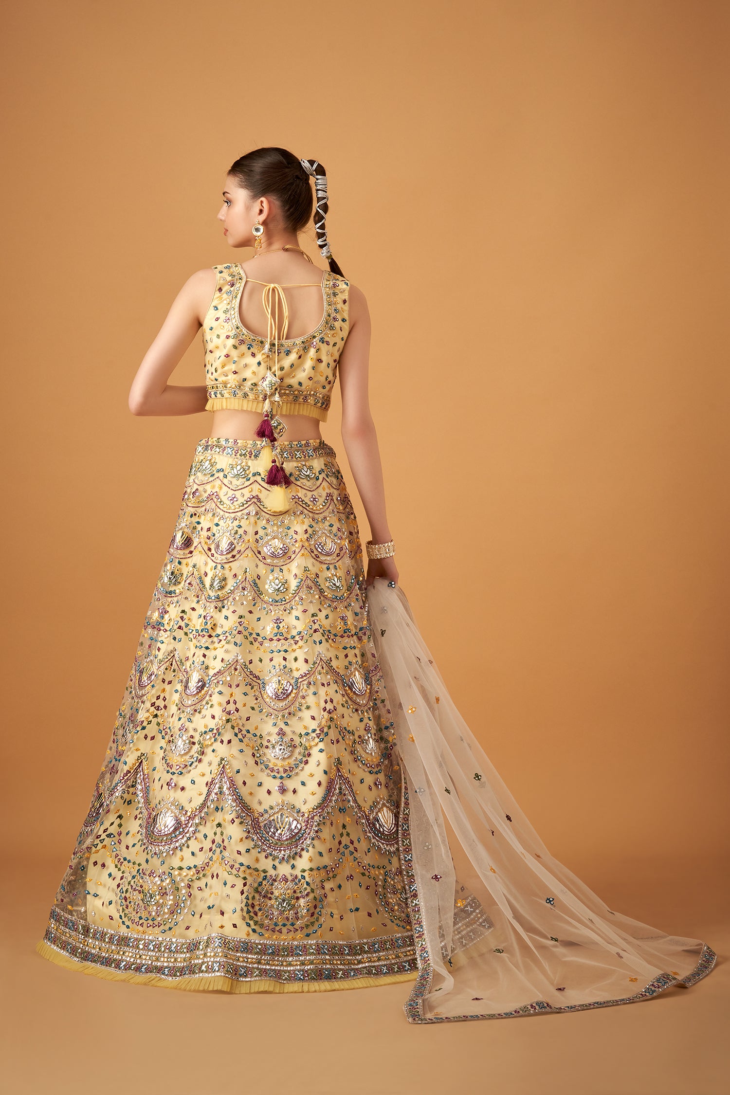 Yellow Embroidered Lehenga Set With Silver Foil Embellishments