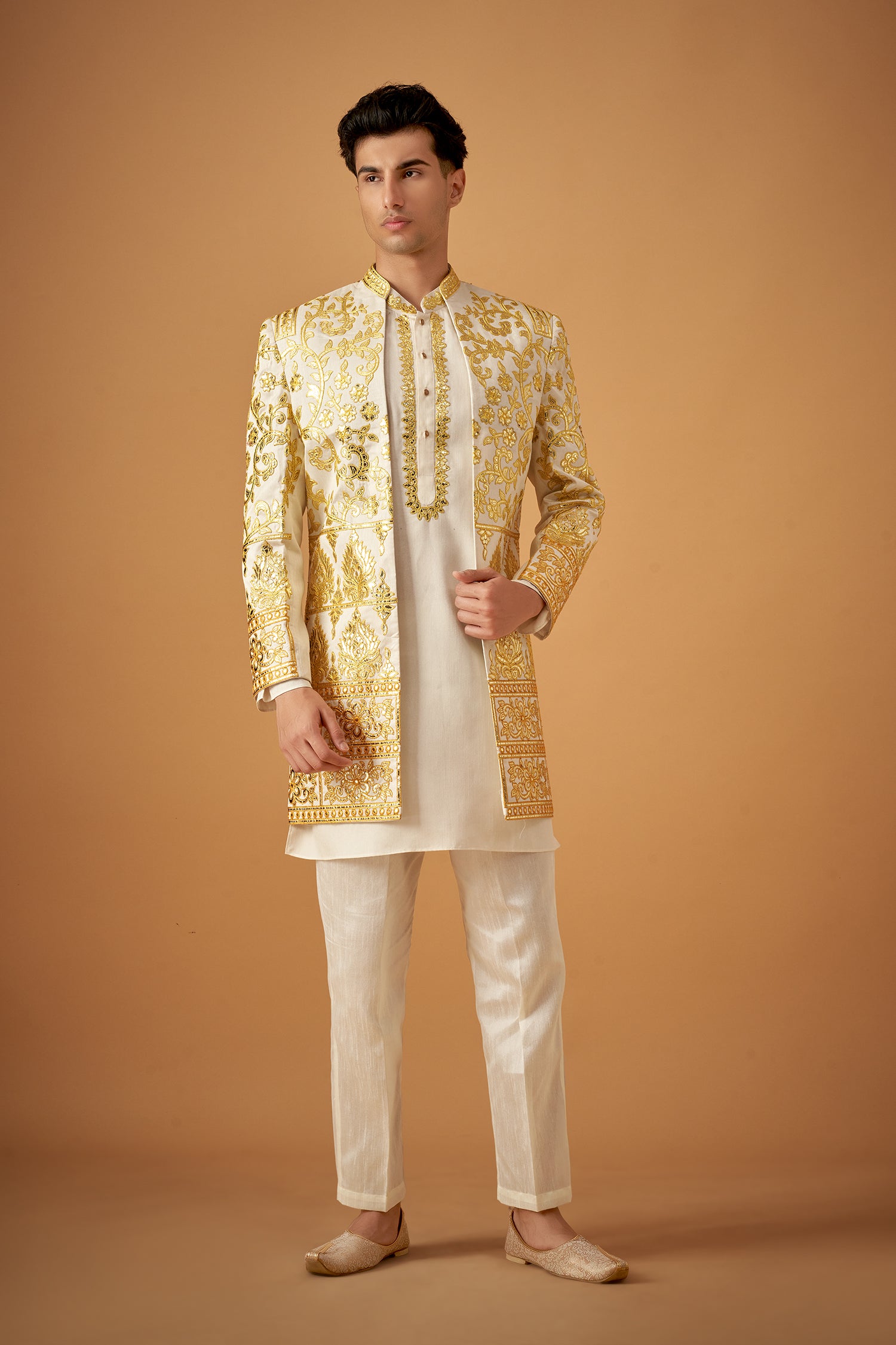 Yellow Ombre Embroidered Sherwani Jacket And Kurta Set