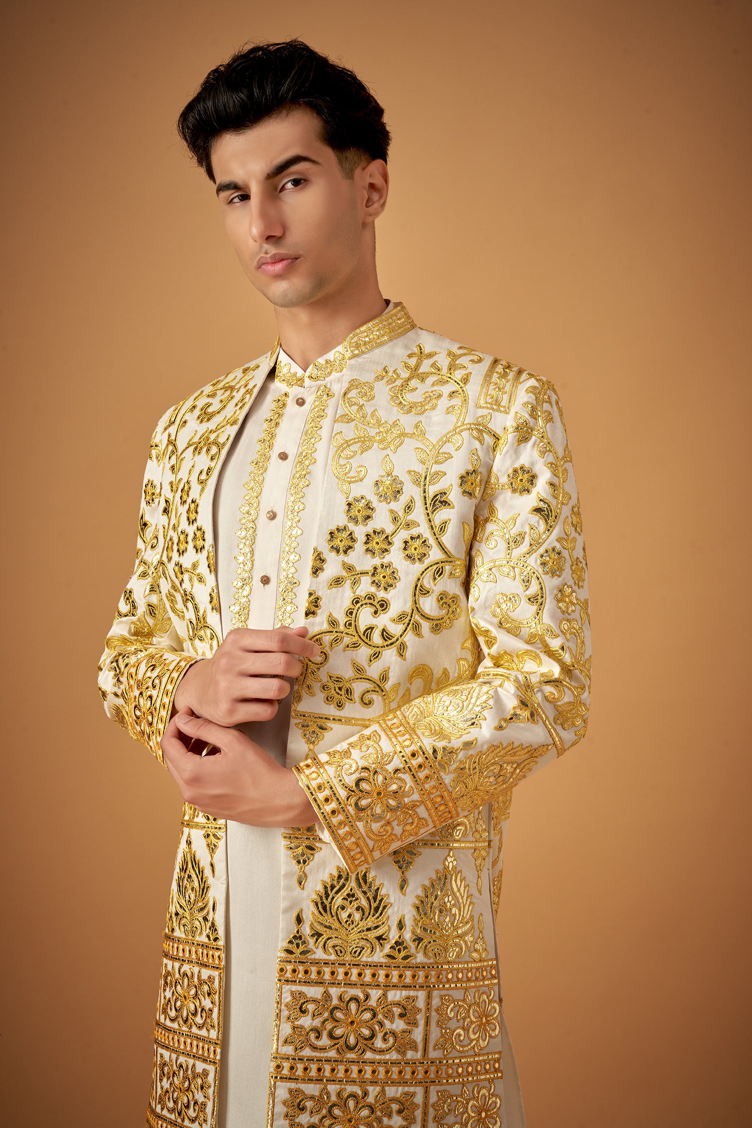 Yellow Ombre Embroidered Sherwani Jacket And Kurta Set