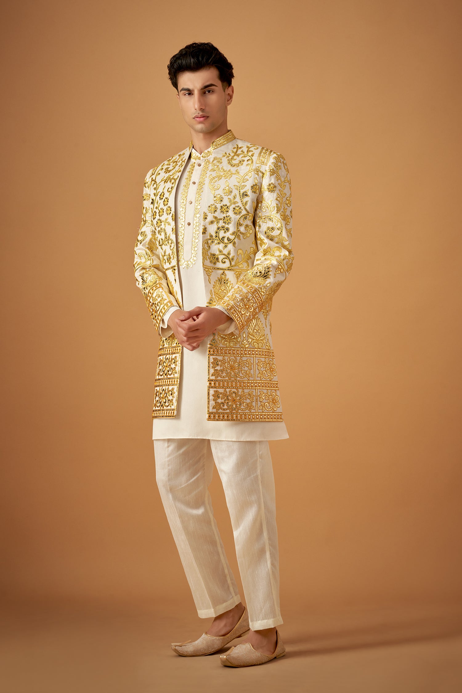 Yellow Ombre Embroidered Sherwani Jacket And Kurta Set
