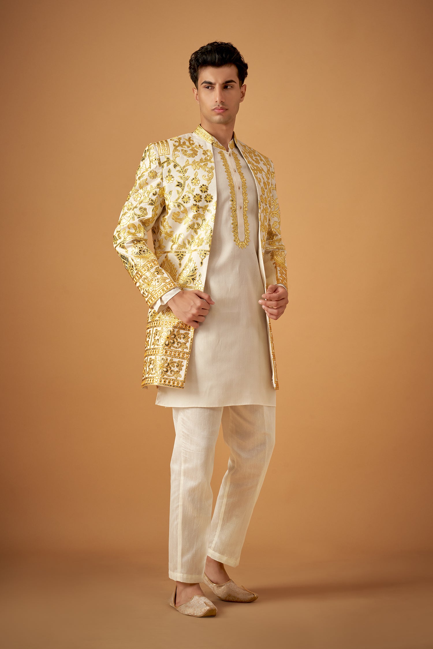 Yellow Ombre Embroidered Sherwani Jacket And Kurta Set