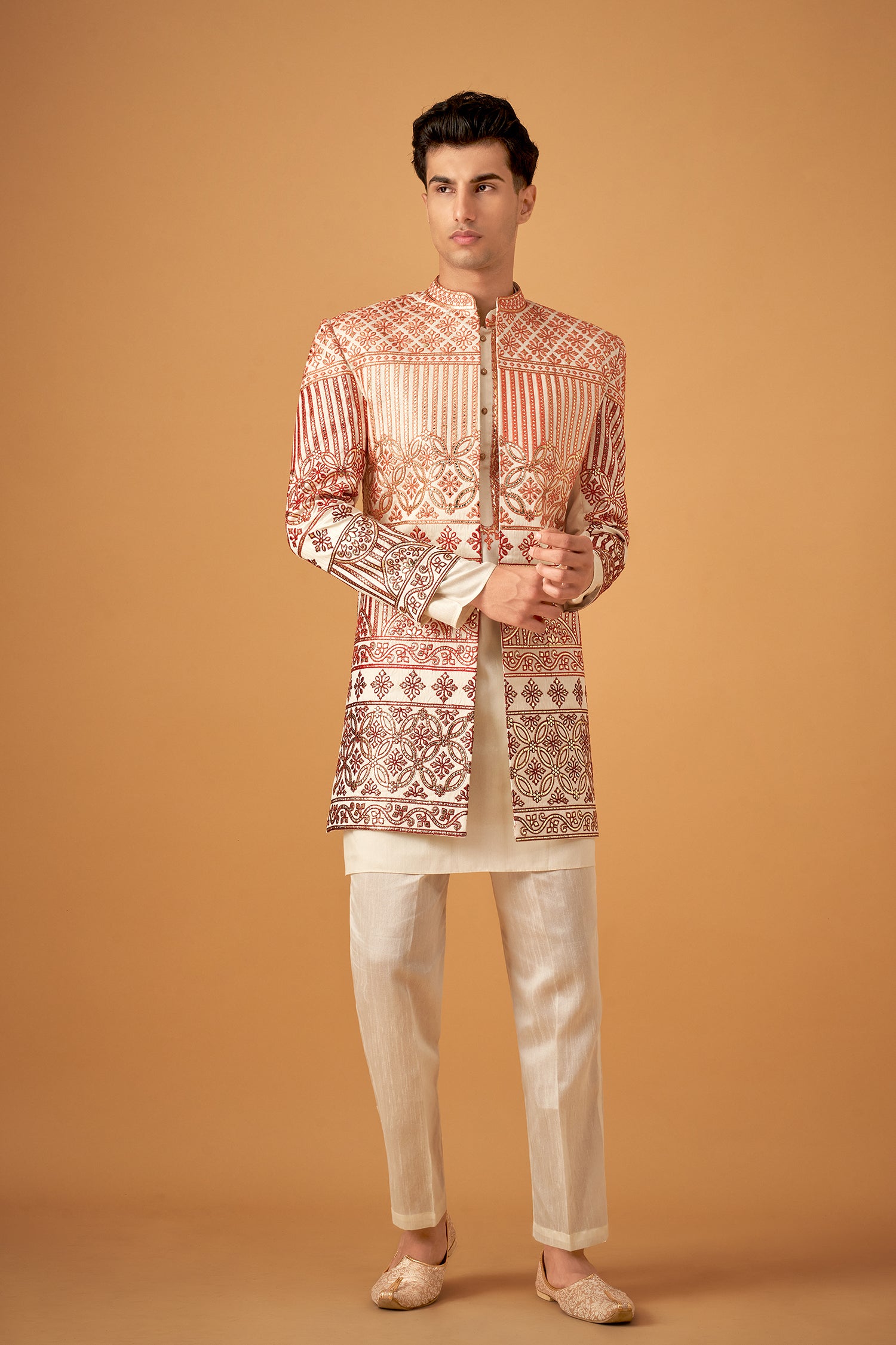 Maroon Embroidered Sherwani Jacket And Kurta Set With Gotta Work