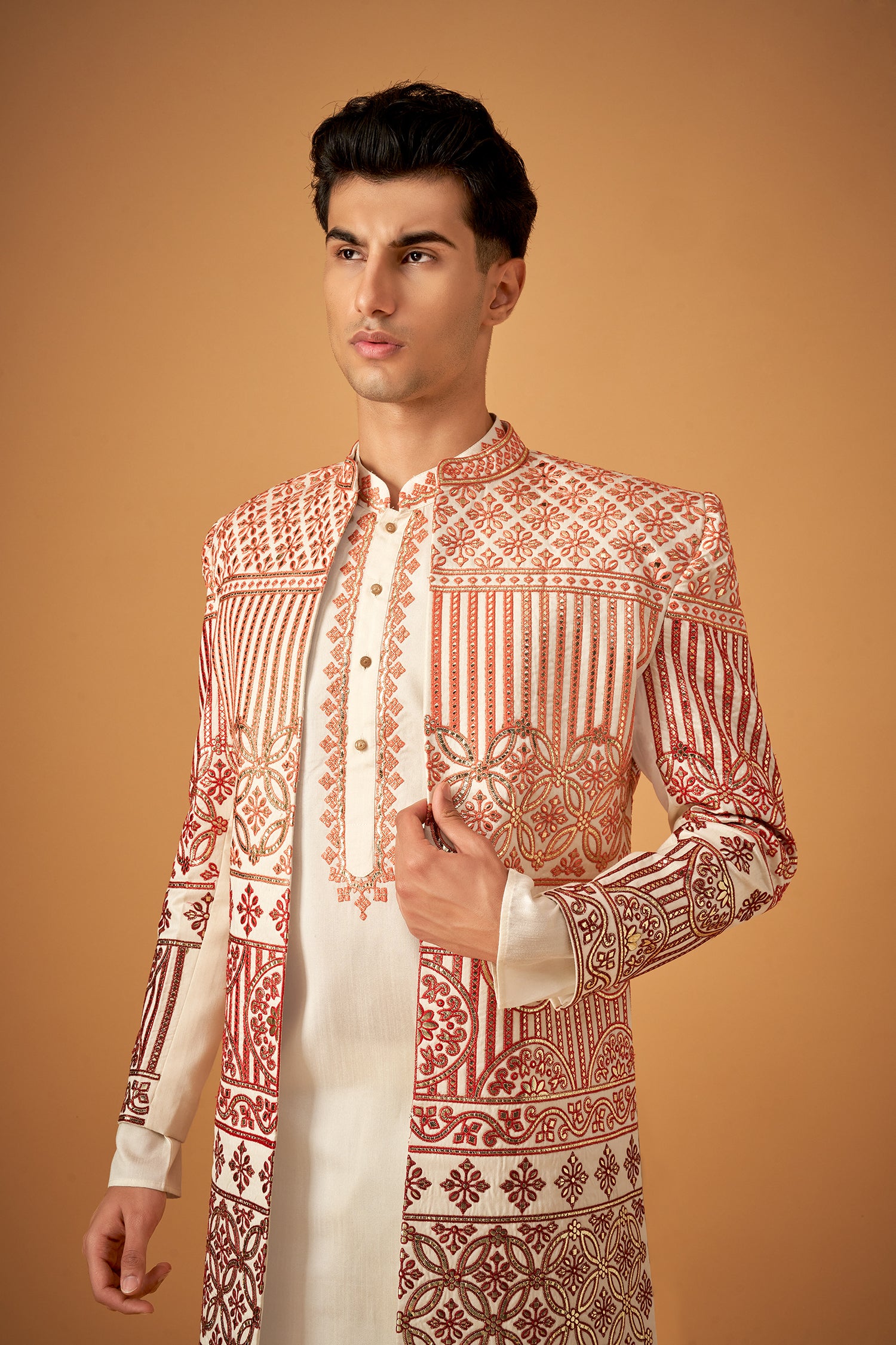 Maroon Embroidered Sherwani Jacket And Kurta Set With Gotta Work