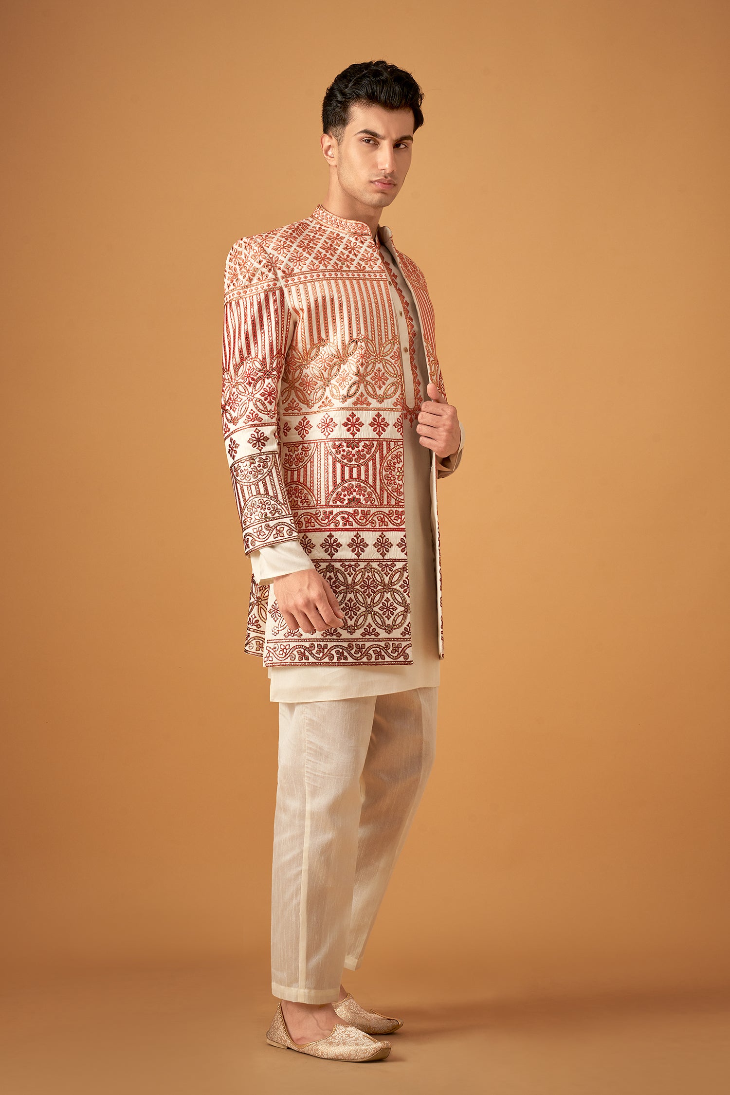Maroon Embroidered Sherwani Jacket And Kurta Set With Gotta Work