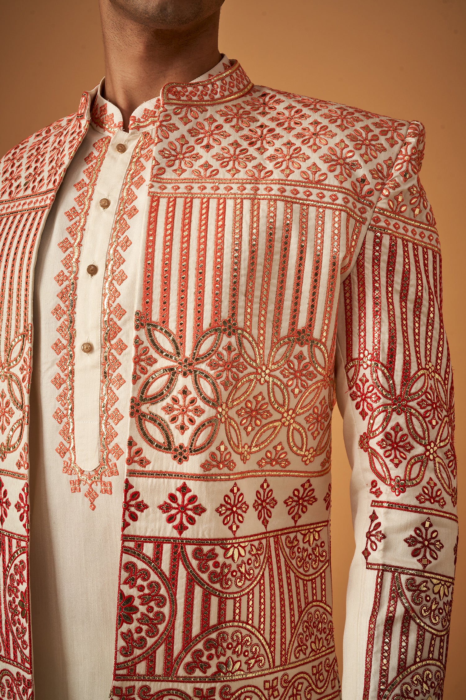 Maroon Embroidered Sherwani Jacket And Kurta Set With Gotta Work