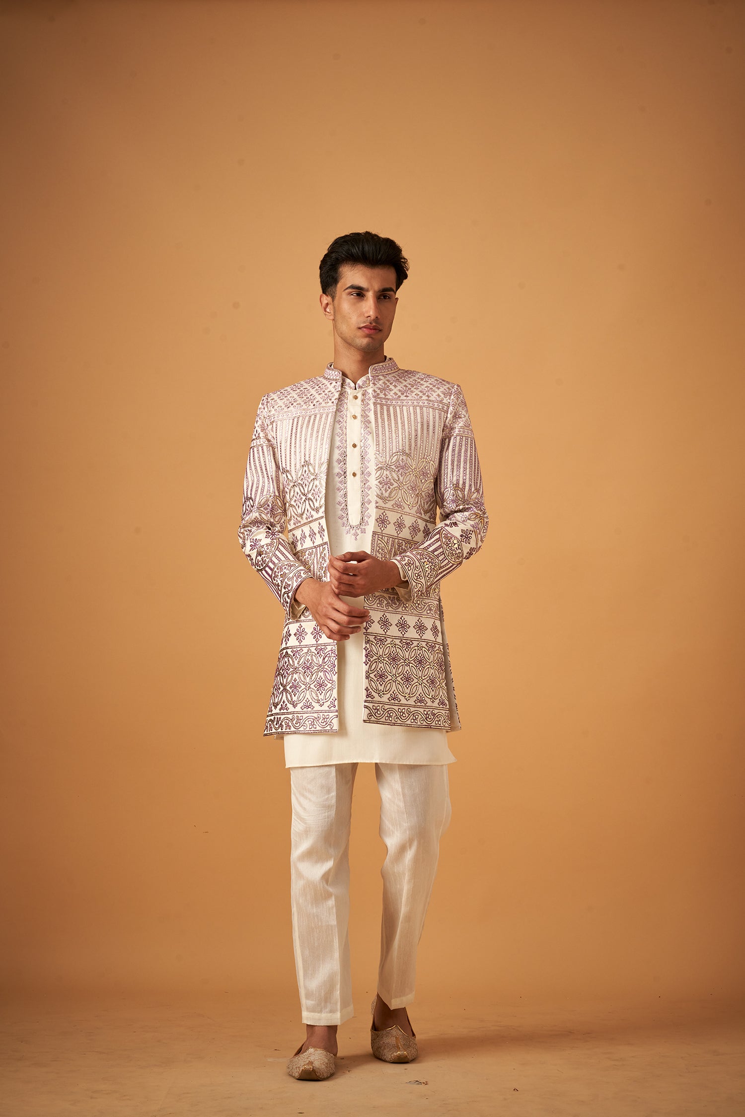 Lilaac Embroidered Sherwani Jacket And Kurta Set With Gotta Work