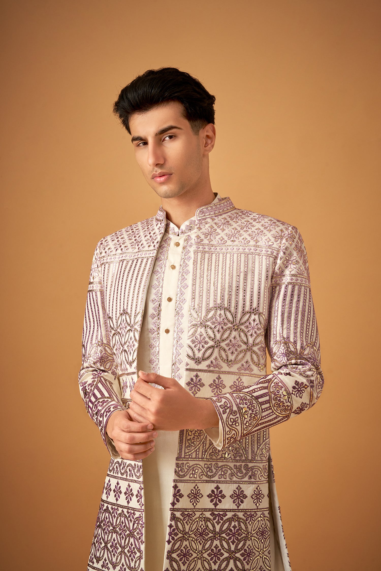 Lilaac Embroidered Sherwani Jacket And Kurta Set With Gotta Work