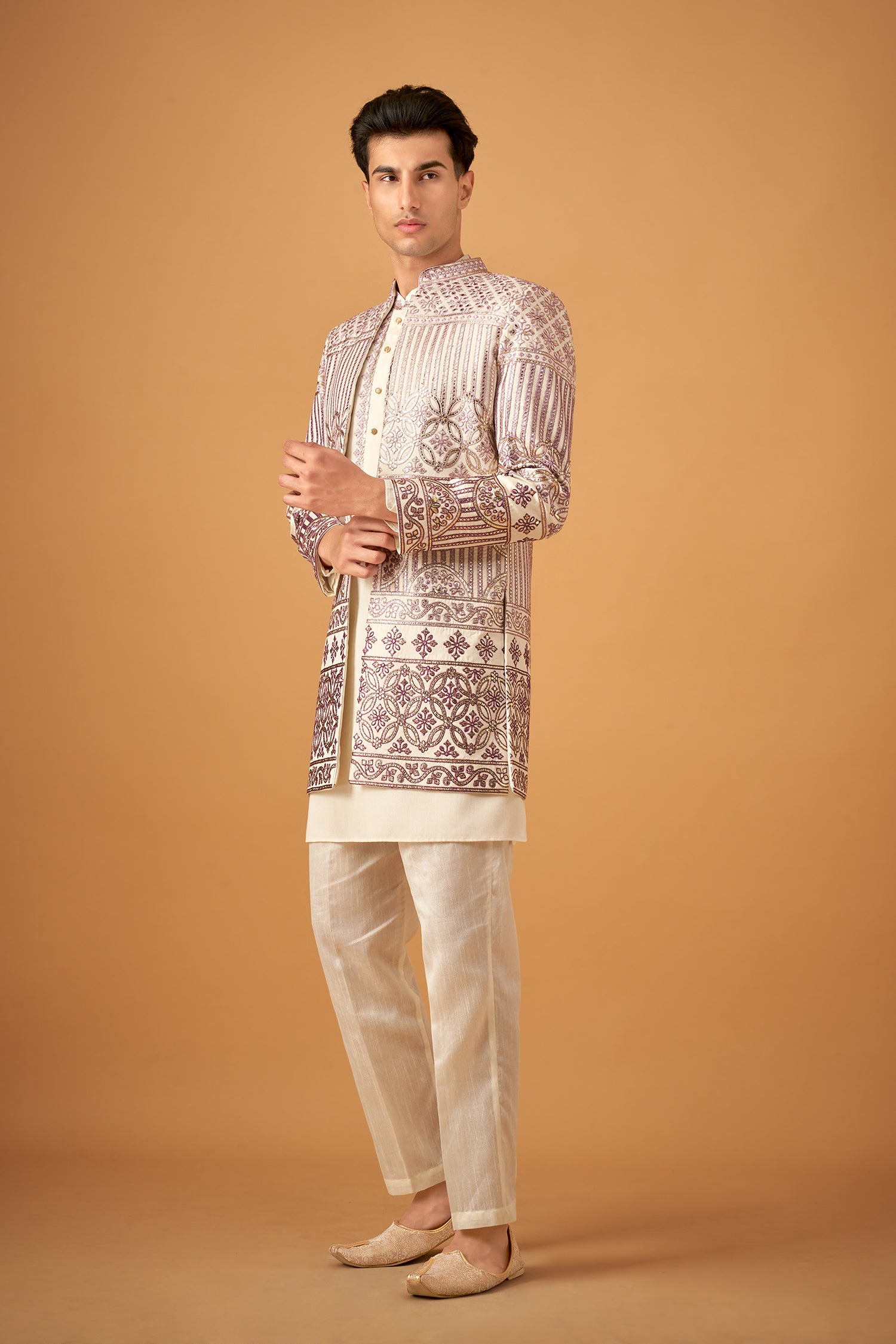 Lilaac Embroidered Sherwani Jacket And Kurta Set With Gotta Work