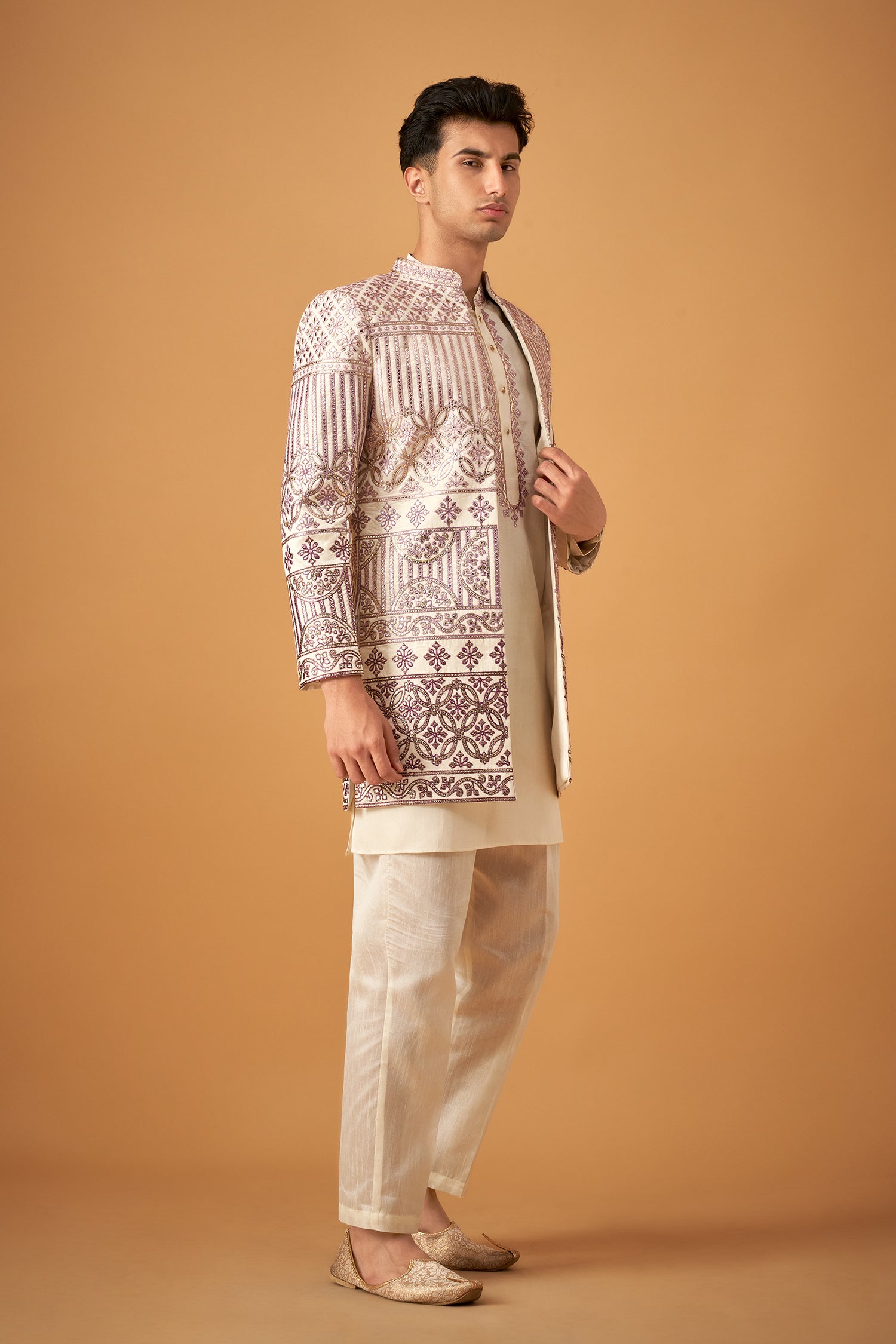 Lilaac Embroidered Sherwani Jacket And Kurta Set With Gotta Work
