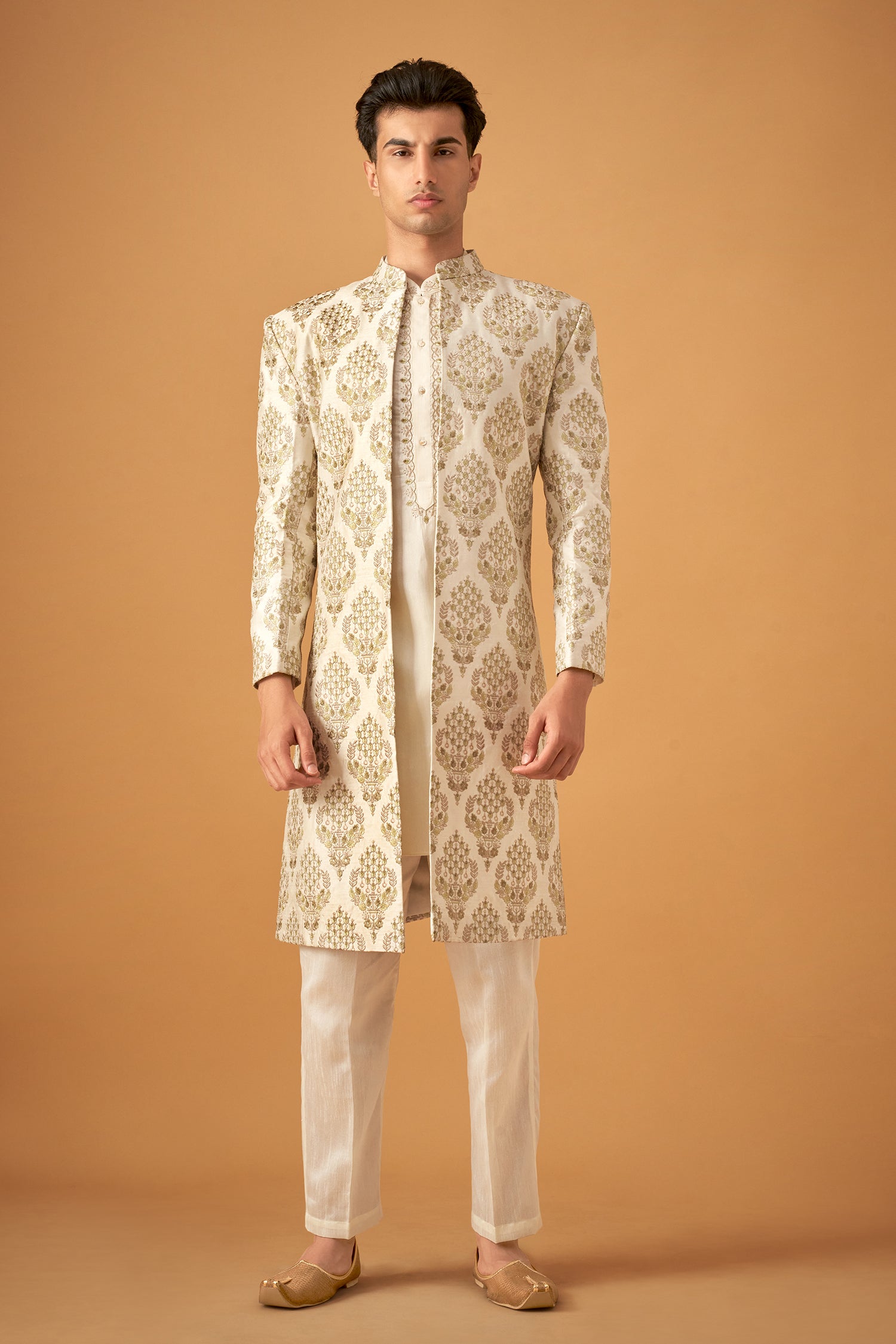 Olive Embroidered Sherwani Jacket And Kurta Set