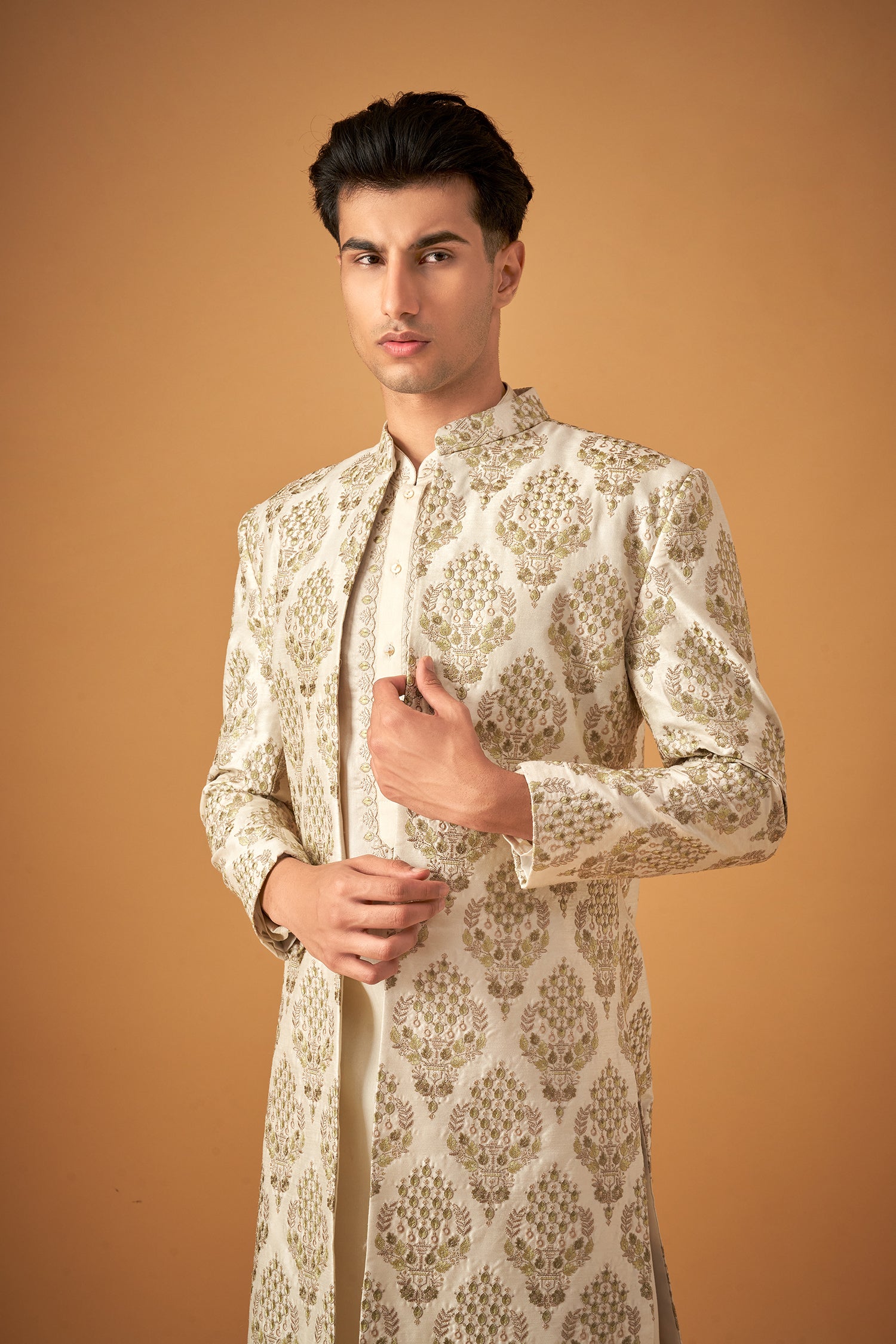 Olive Embroidered Sherwani Jacket And Kurta Set
