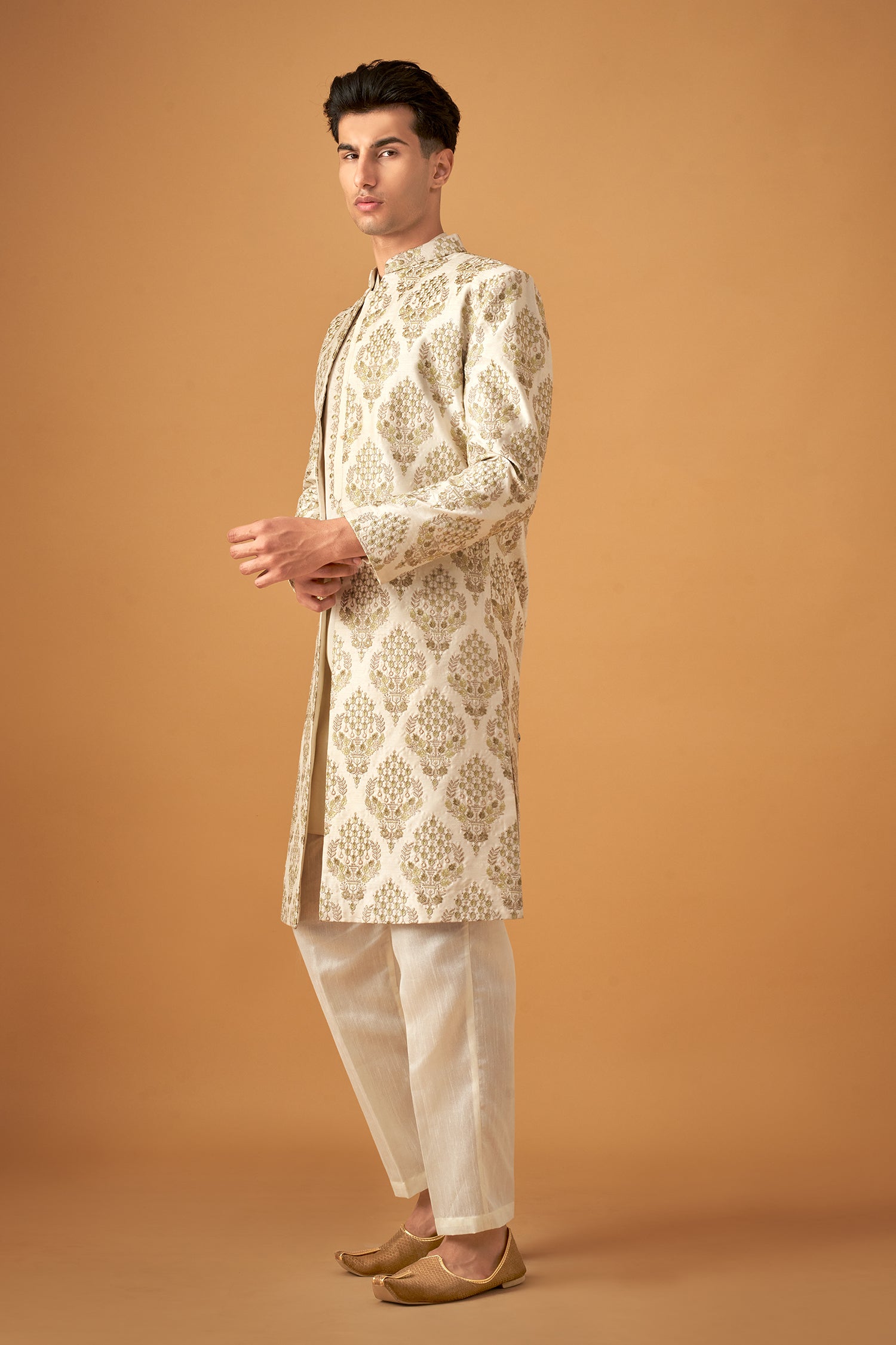 Olive Embroidered Sherwani Jacket And Kurta Set