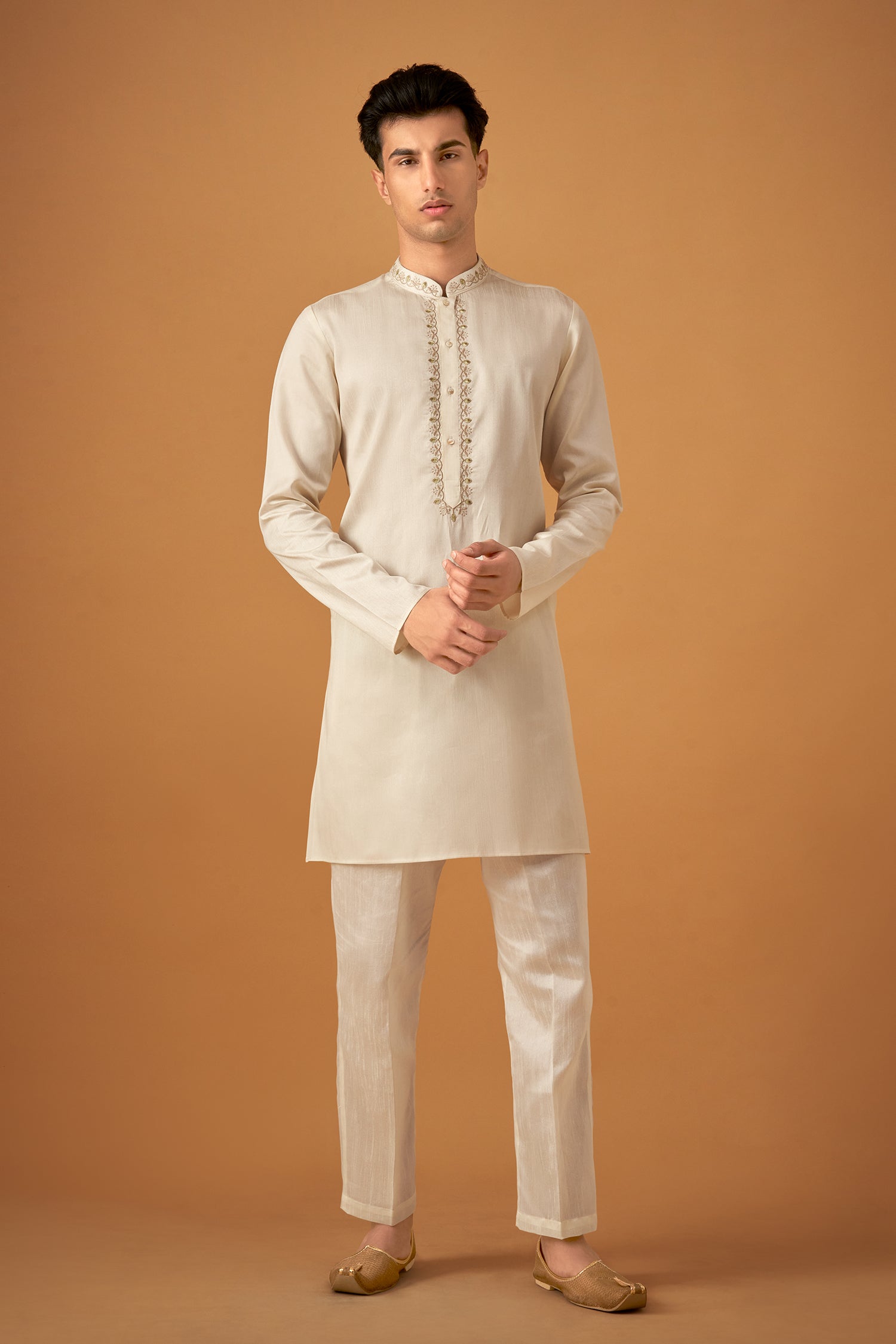 Olive Embroidered Sherwani Jacket And Kurta Set