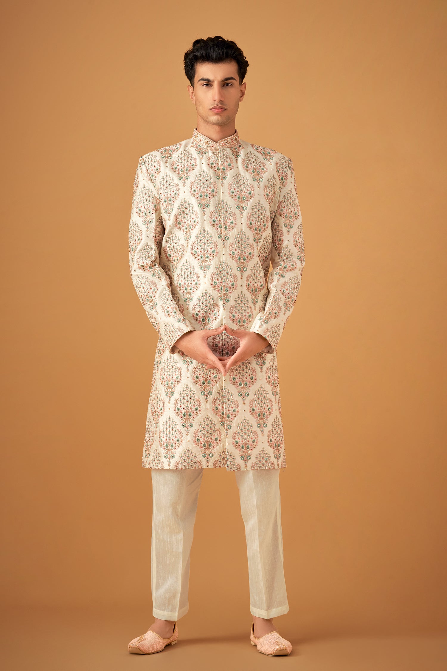 Offwhite Sherwani With Resham And Handwork Embellishments