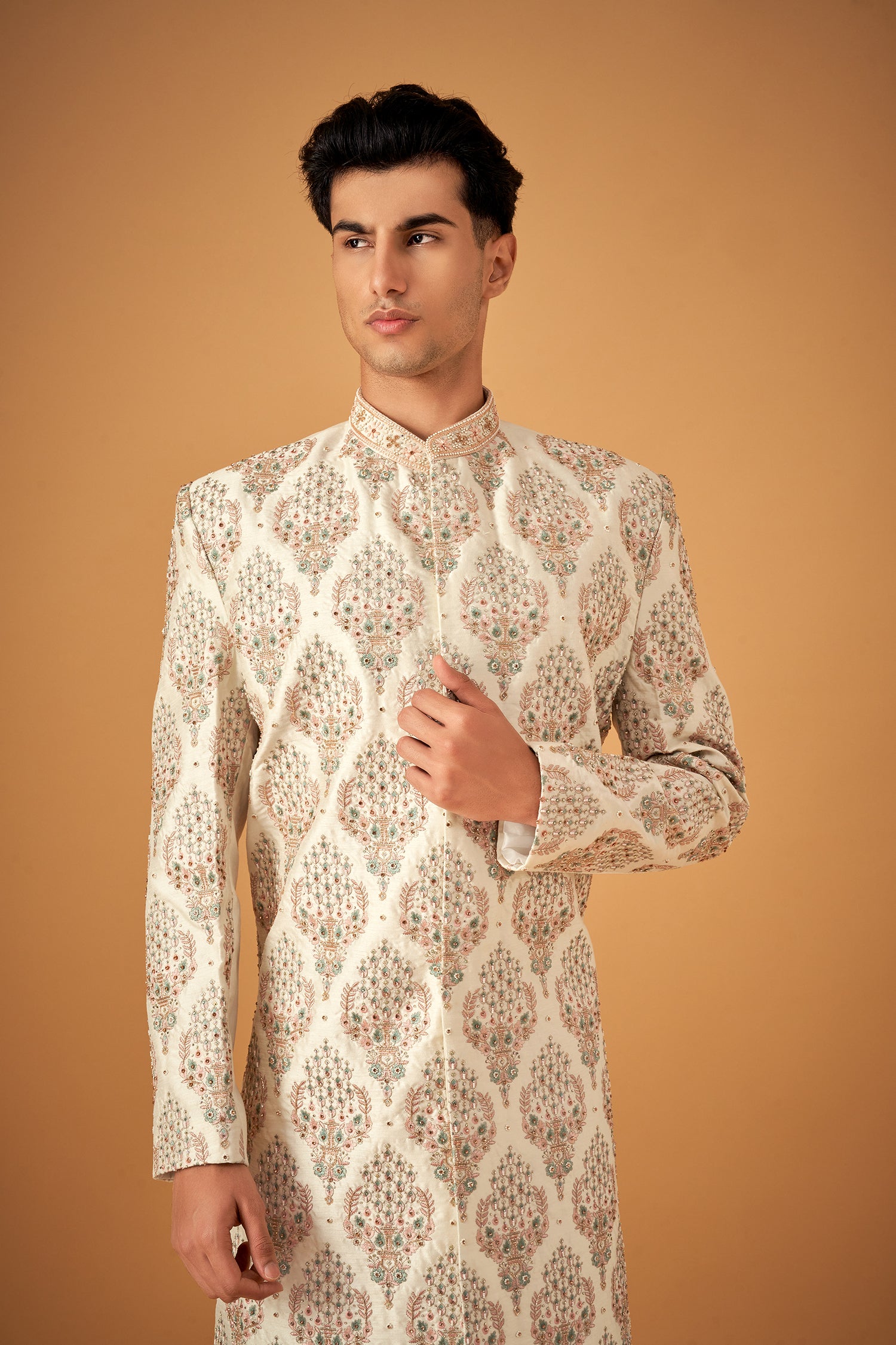 Offwhite Sherwani With Resham And Handwork Embellishments