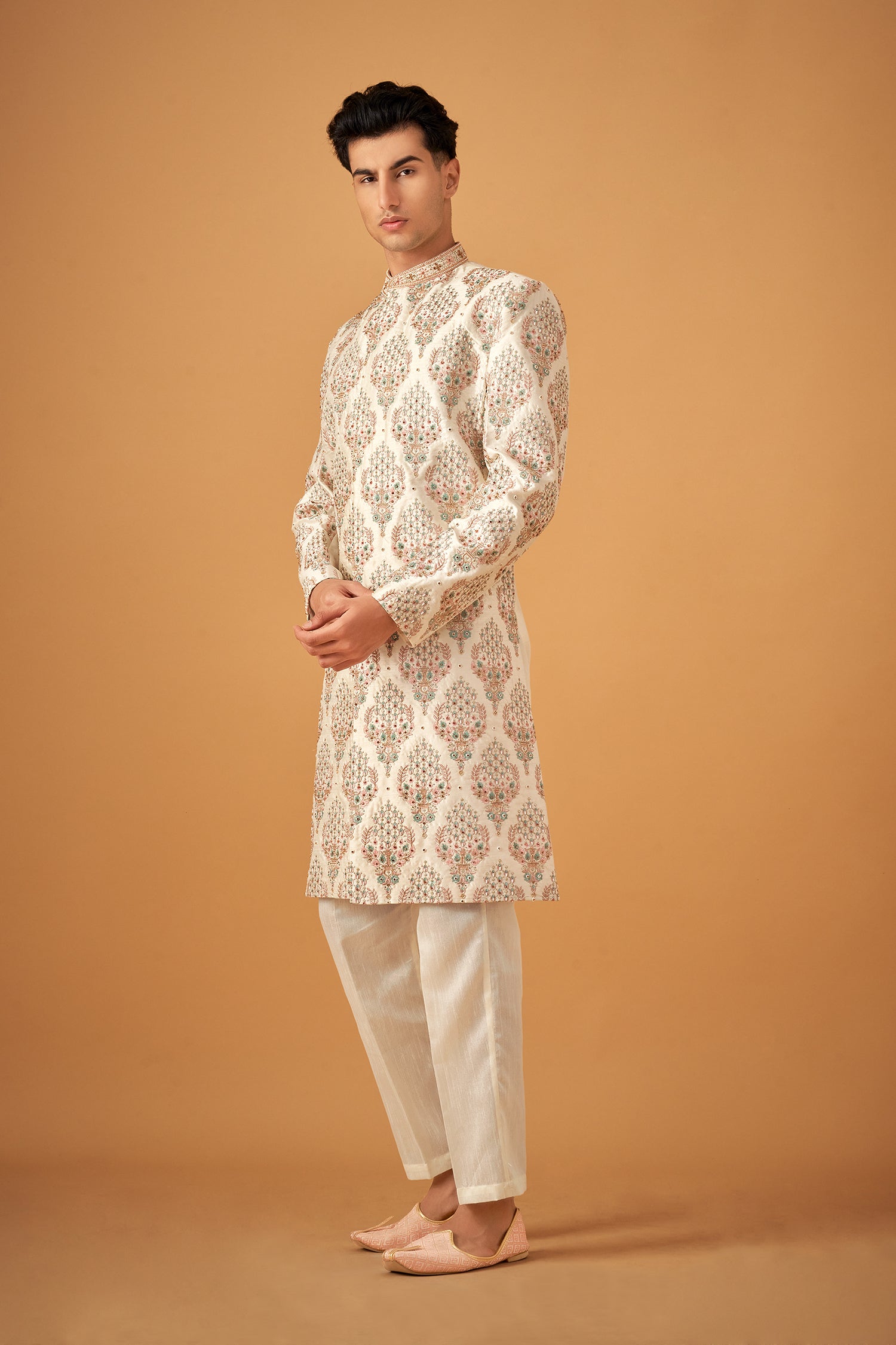 Offwhite Sherwani With Resham And Handwork Embellishments