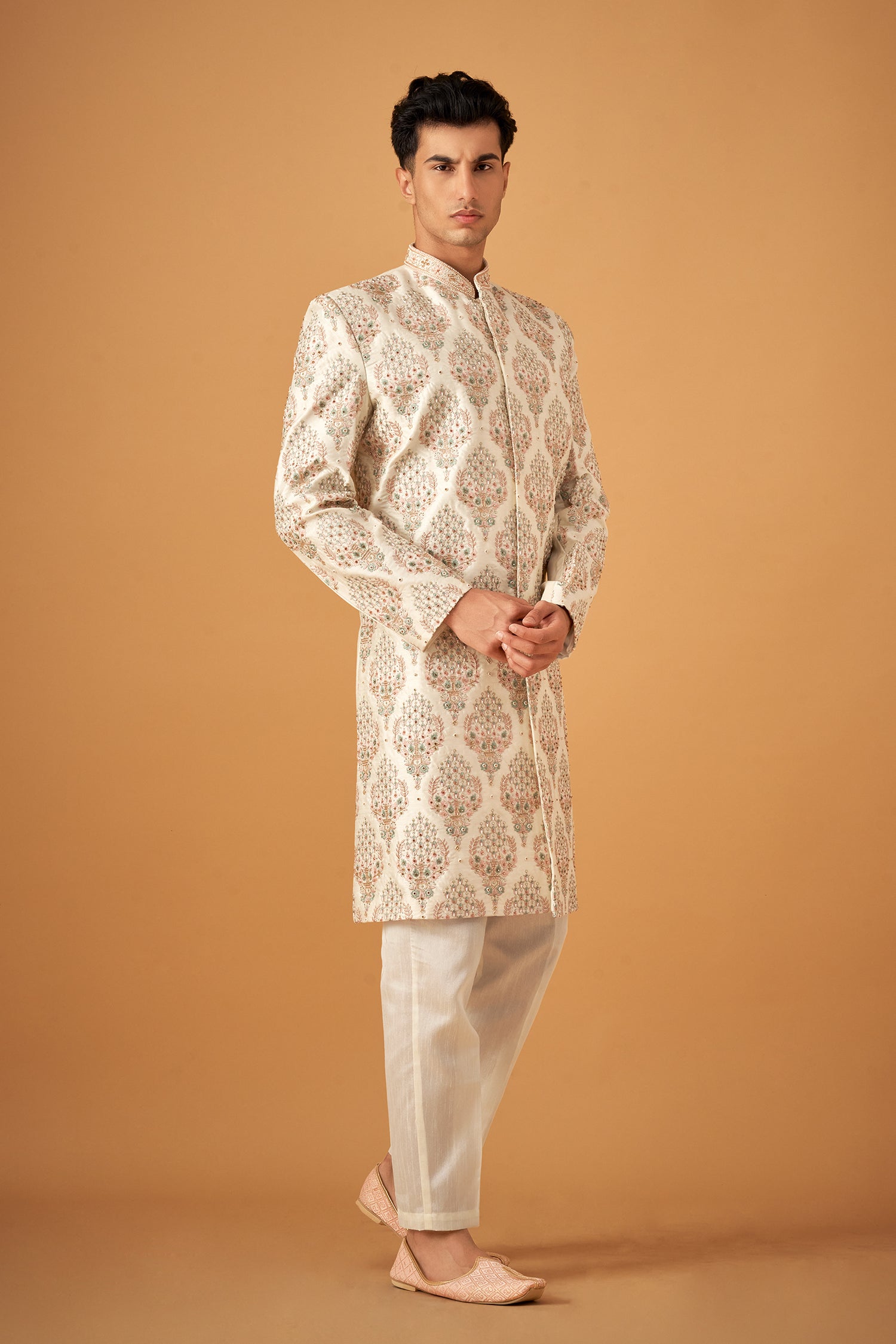 Offwhite Sherwani With Resham And Handwork Embellishments