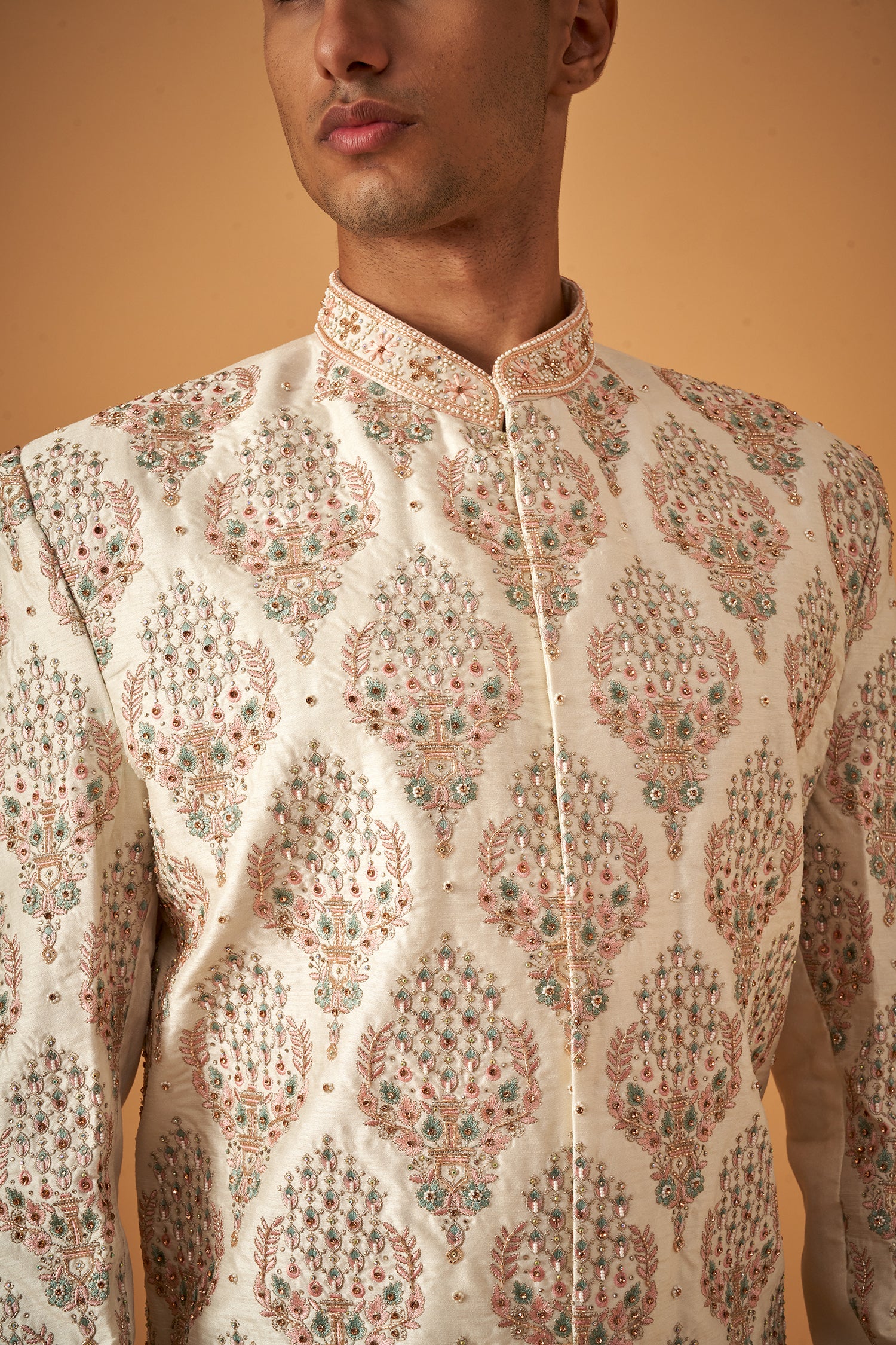 Offwhite Sherwani With Resham And Handwork Embellishments