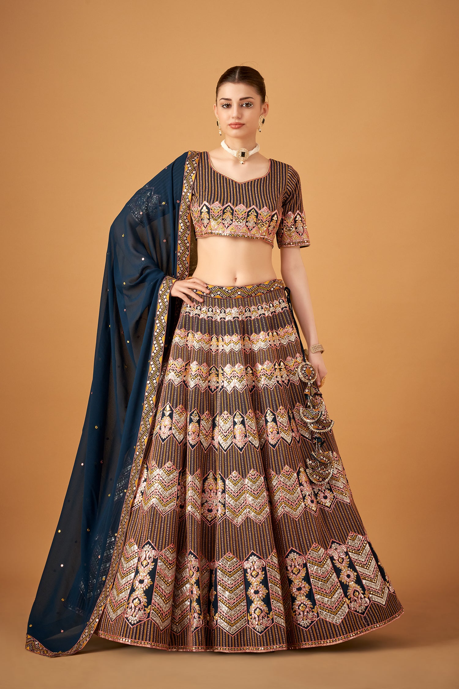 Stunning Blue Georgette Embroidered Lehenga Set