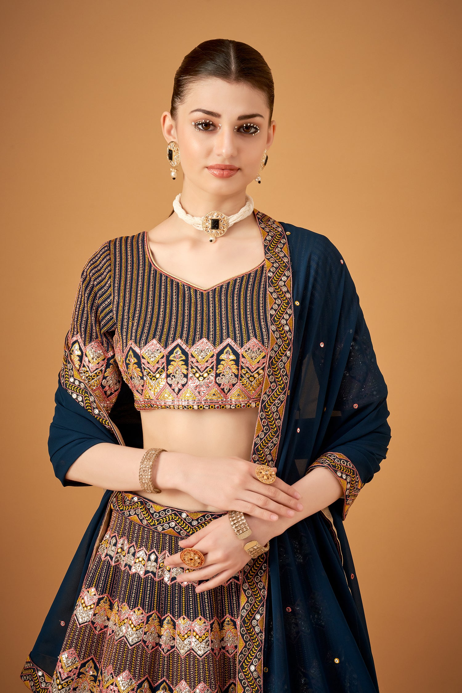 Stunning Blue Georgette Embroidered Lehenga Set