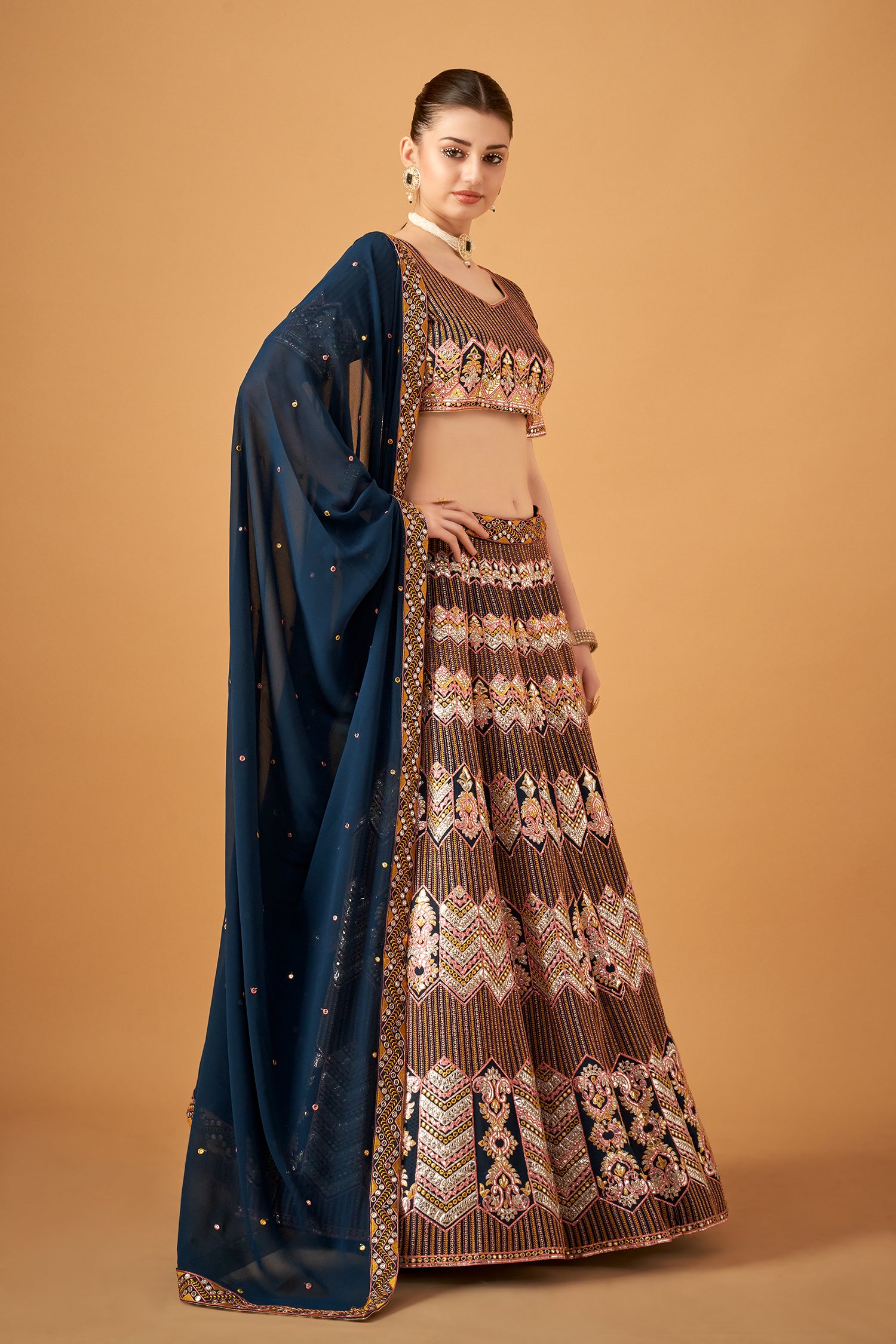 Stunning Blue Georgette Embroidered Lehenga Set
