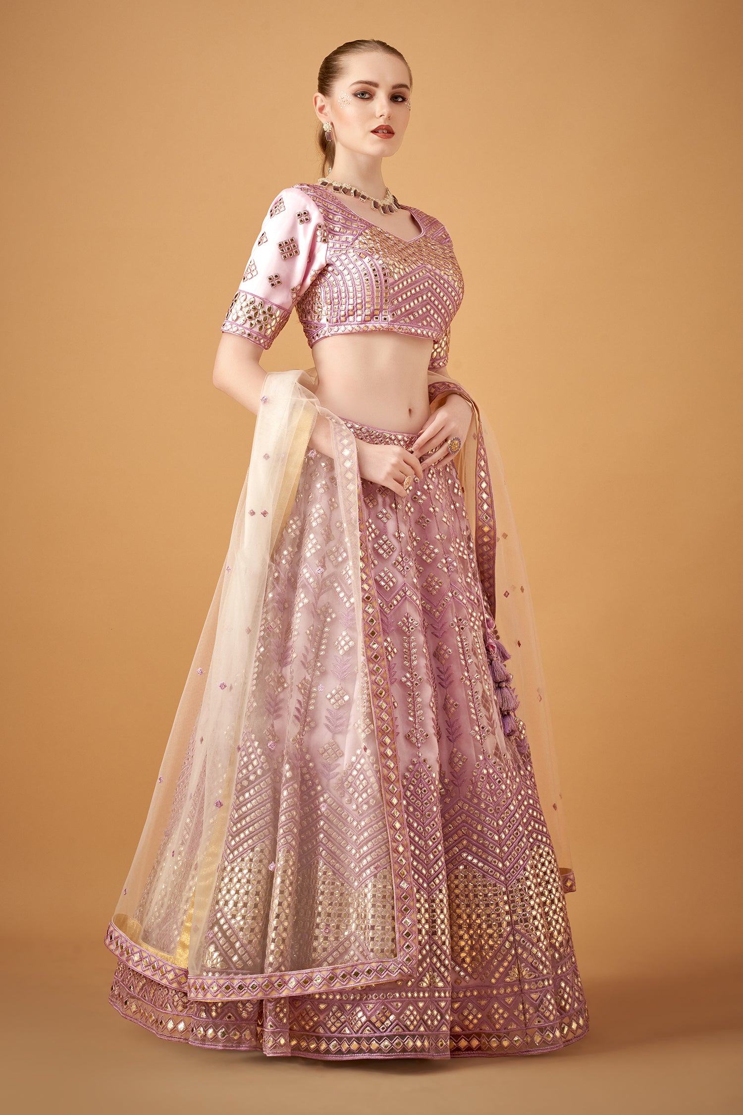 Lavender Purple Embroidered Lehenga Set With Gotta Work
