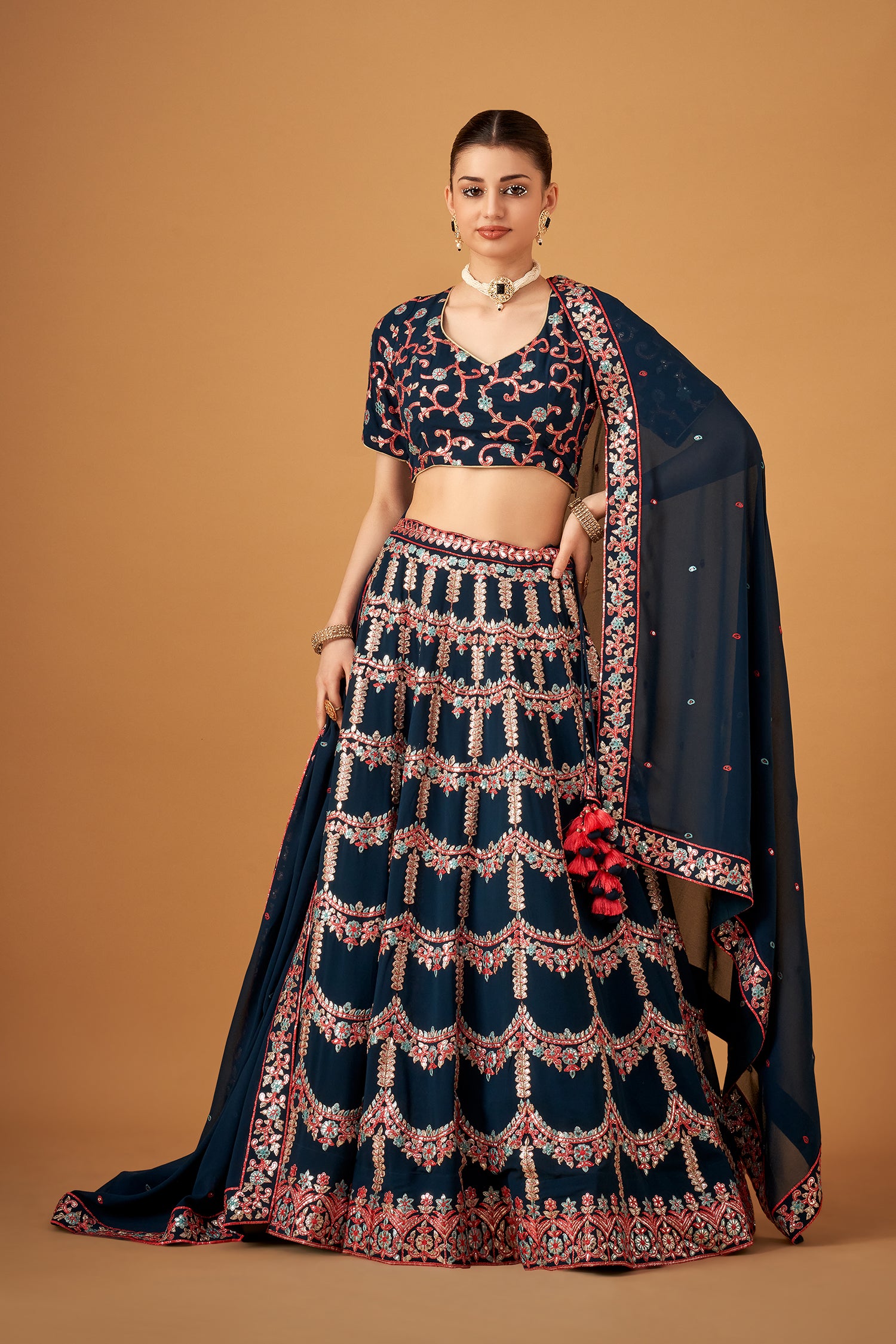 Blue Georgette Embroidered Lehenga Set With Silver Foil Work