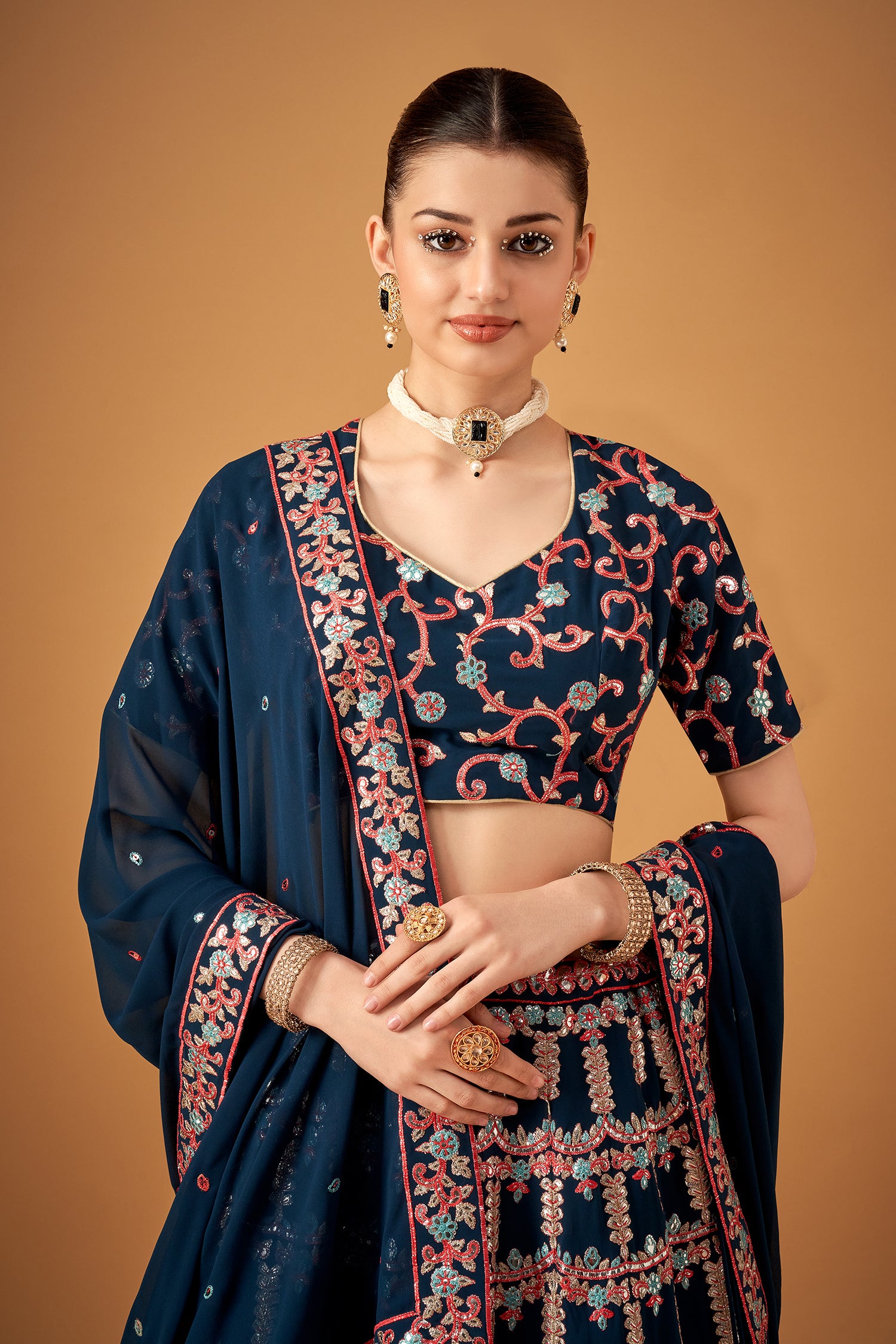 Blue Georgette Embroidered Lehenga Set With Silver Foil Work