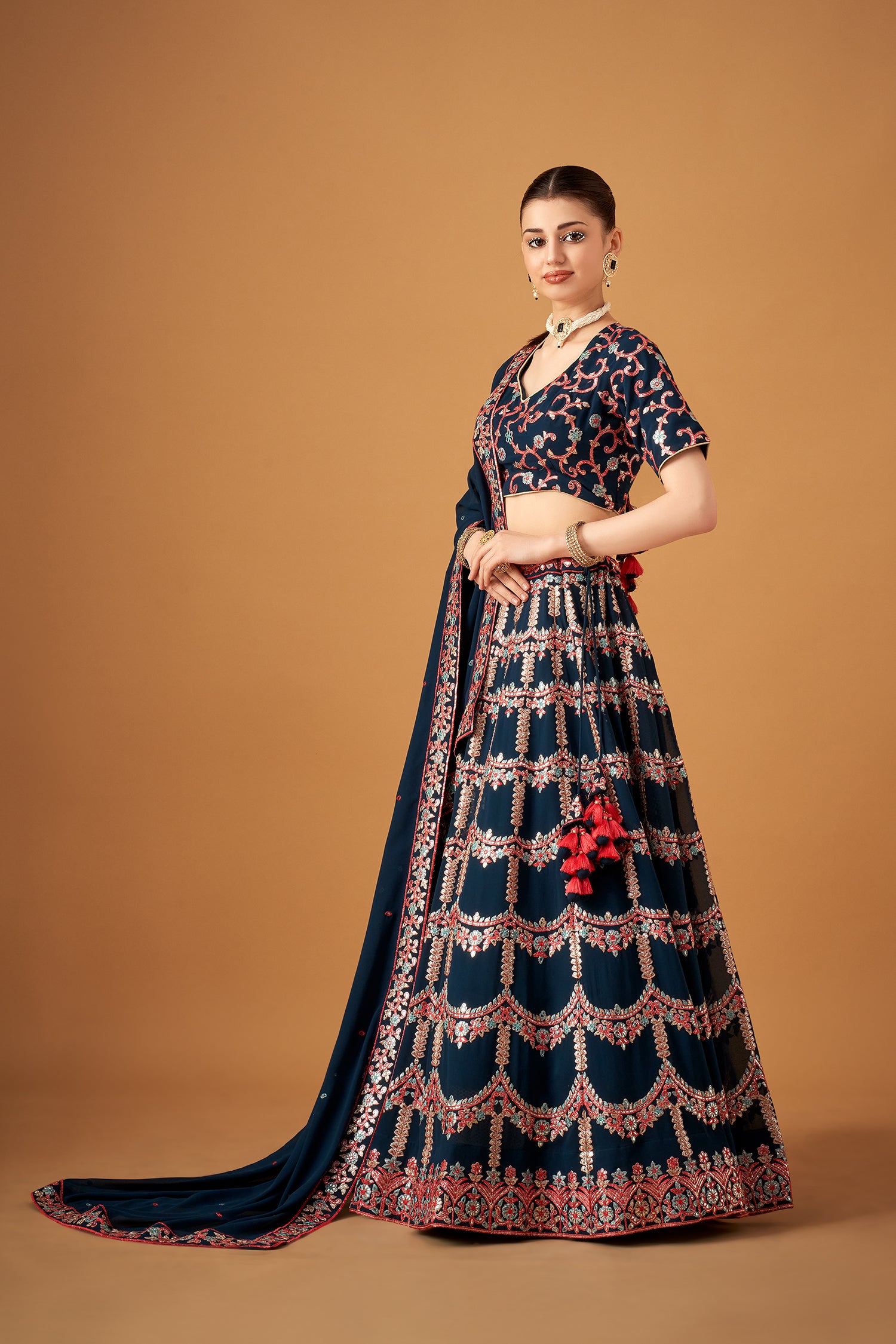 Blue Georgette Embroidered Lehenga Set With Silver Foil Work