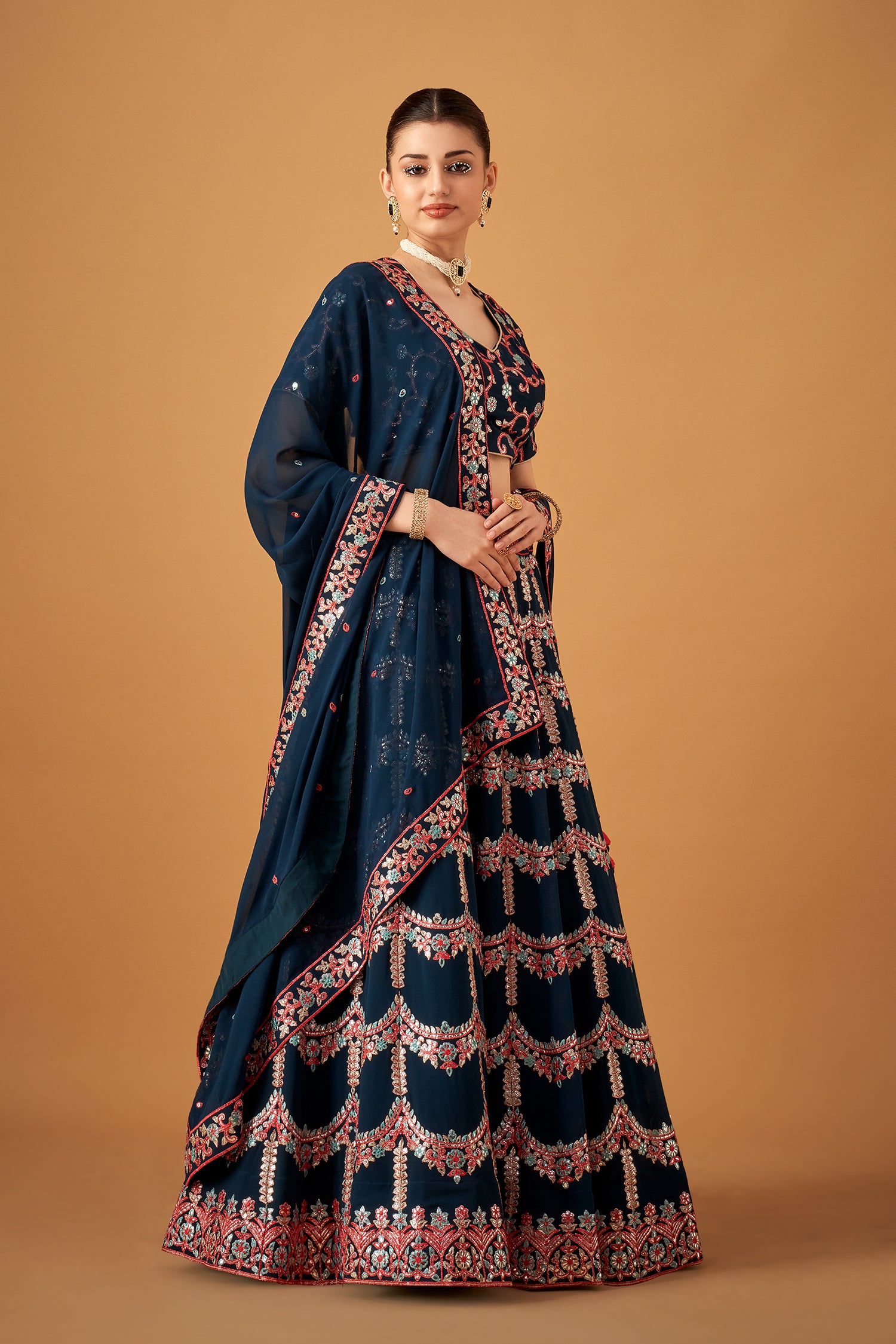 Blue Georgette Embroidered Lehenga Set With Silver Foil Work